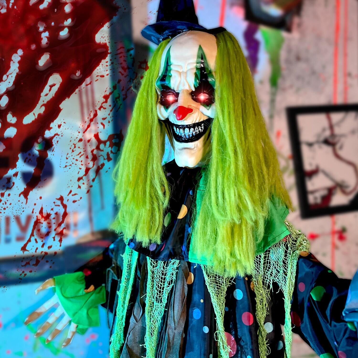 Haunted Hill Farm Lifesize Animatronic Clown with Lights and Sound, Indoor/Covered Outdoor Halloween Decoration