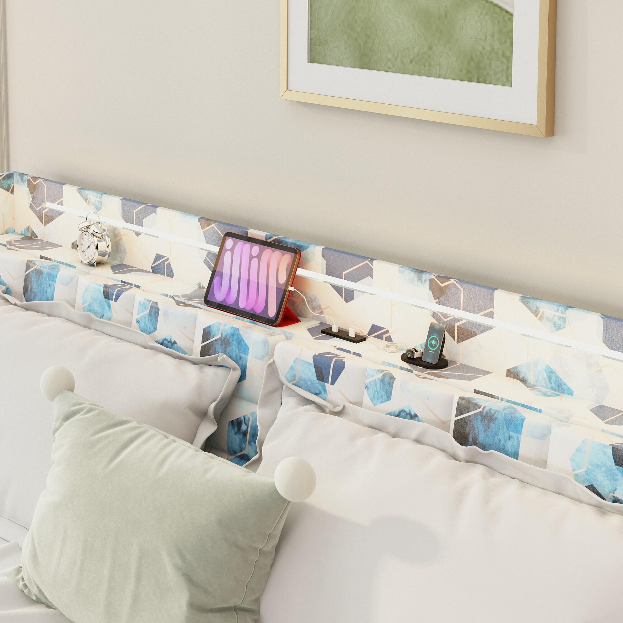 SYNGAR Floating Queen Bed Frame with Upholstered Storage Headboard, Modern Metal Bed Frame with LED Light and Charging Station, Noise Free, Wood Slat Support, No Box Spring Needed, Muticolor