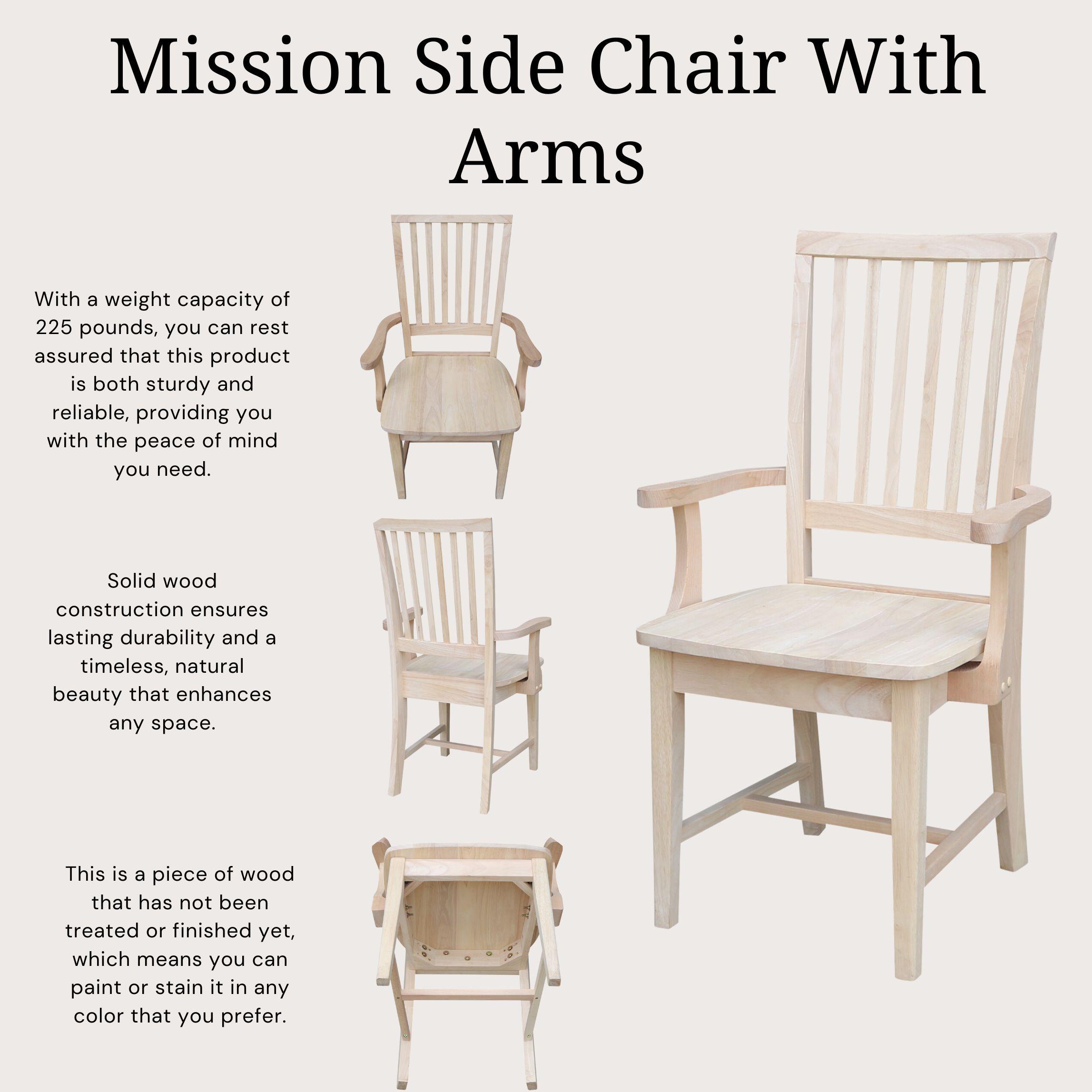 Mission Side Chair with Arms Unfinished - International Concepts: Solid Wood, Slat Back, Kitchen Furniture