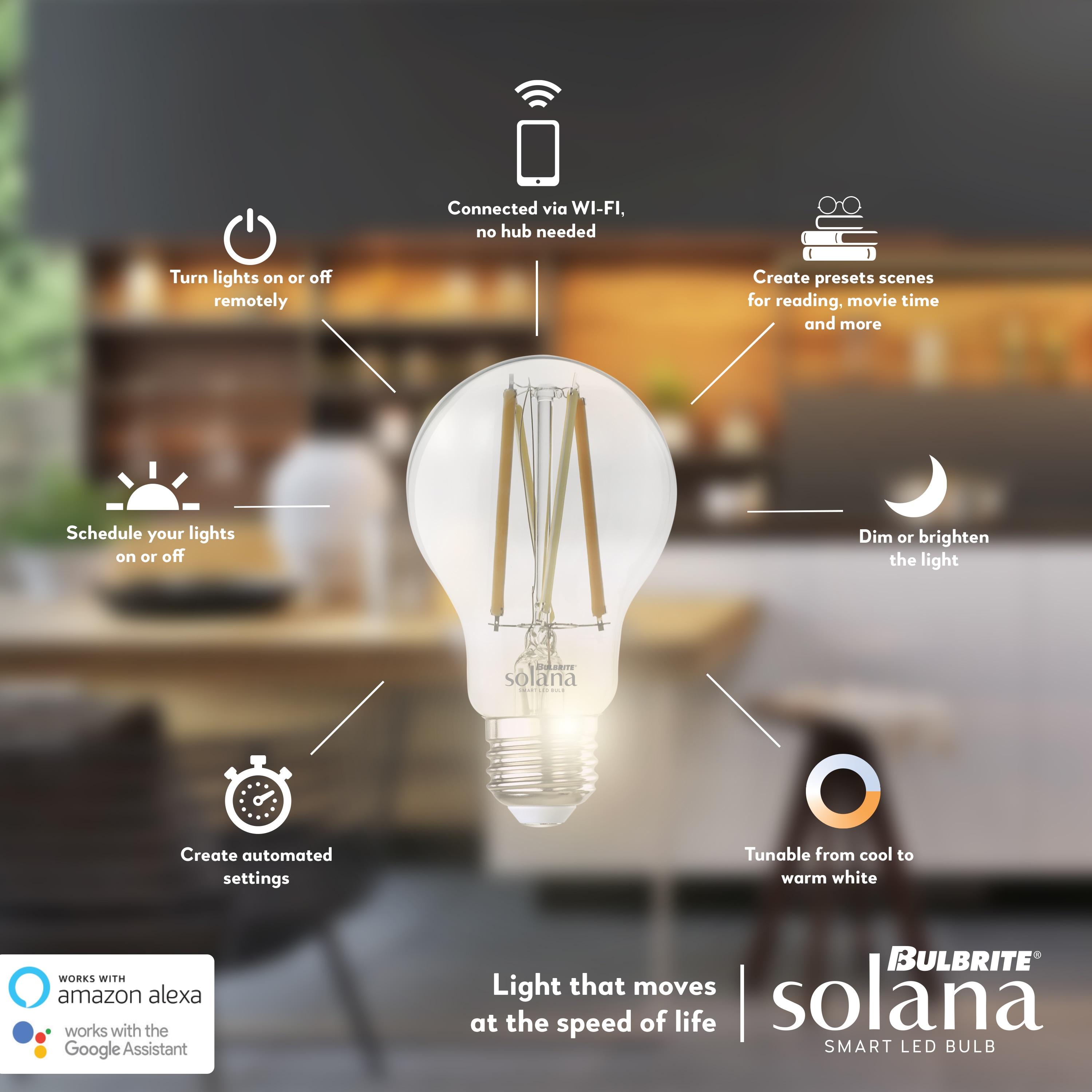 Bulbrite A19 Solana WiFi Connected Smart LED Smart Light Bulb, Frost, Pack of 2