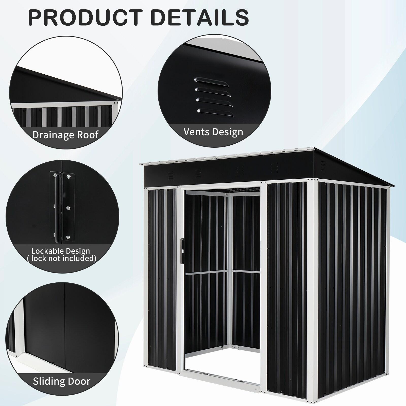 6x4 FT Black Galvanized Iron Outdoor Storage Shed with Sliding Doors
