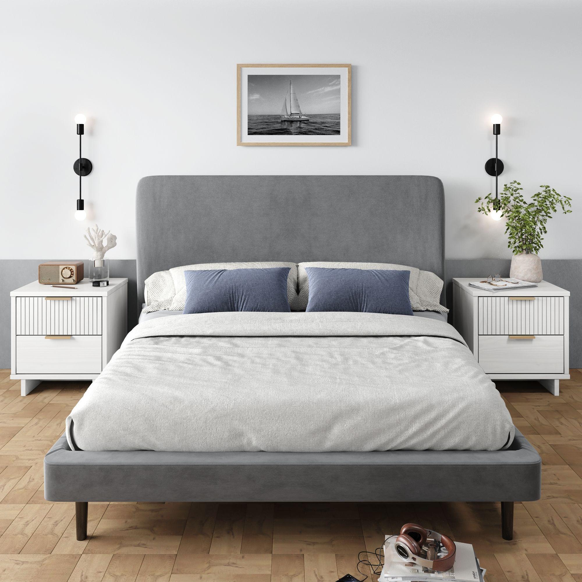 Manhattan Comfort Set of 2 Granville 2 Drawer Nightstands White: Modern Style, Pine Frame, Metal Glides, Includes Anti-Tip Hardware