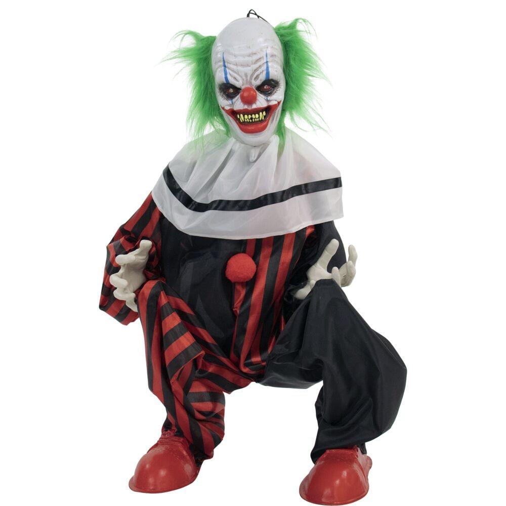 Haunted Hill Farm 32 In. Crouching Clown Creepy Animatronic with Lights and Sound, HHCLOWN-12FLSA