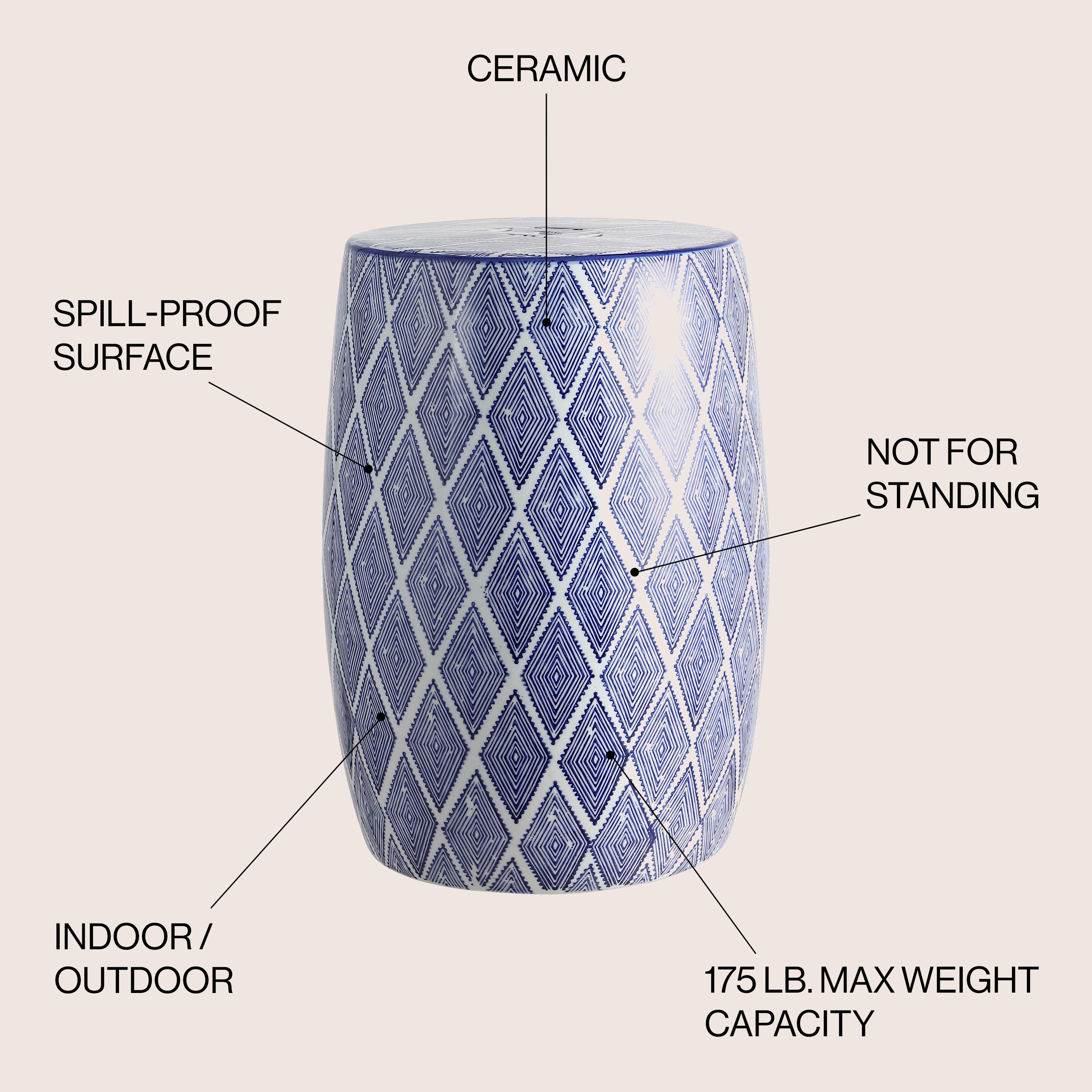 Moroccan Diamonds 18" Ceramic Drum Garden Stool, Blue/White - JONATHAN Y