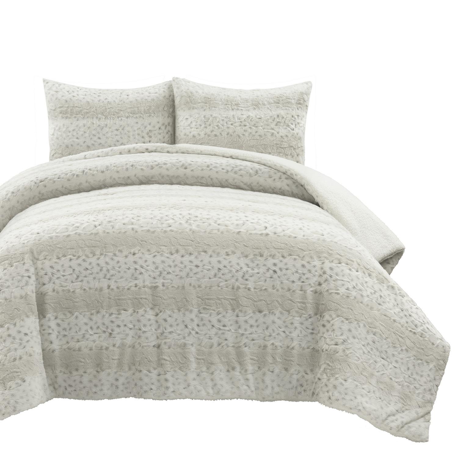 Leopard Textured Faux Fur Comforter Gray 3Pc Set Full/Queen