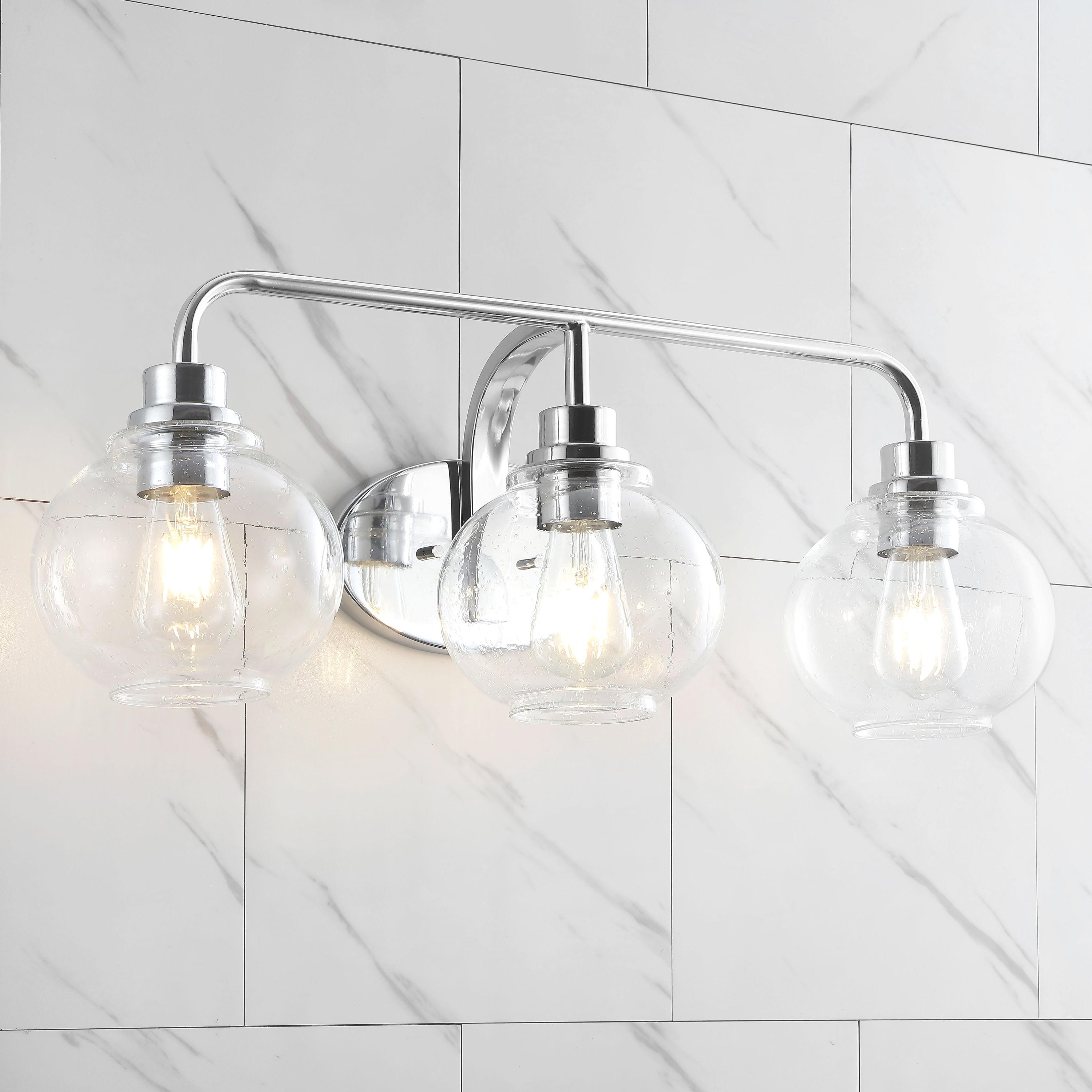 JONATHAN Y JYL7528B Sandrine 26.25" 3-Light Iron/Seeded Glass Cottage Rustic LED Vanity Light Classic 2700K LED 4W Bulbs Entryway Lobby Kitchen Bathroom Bedroom Living Room Hallway, Chrome