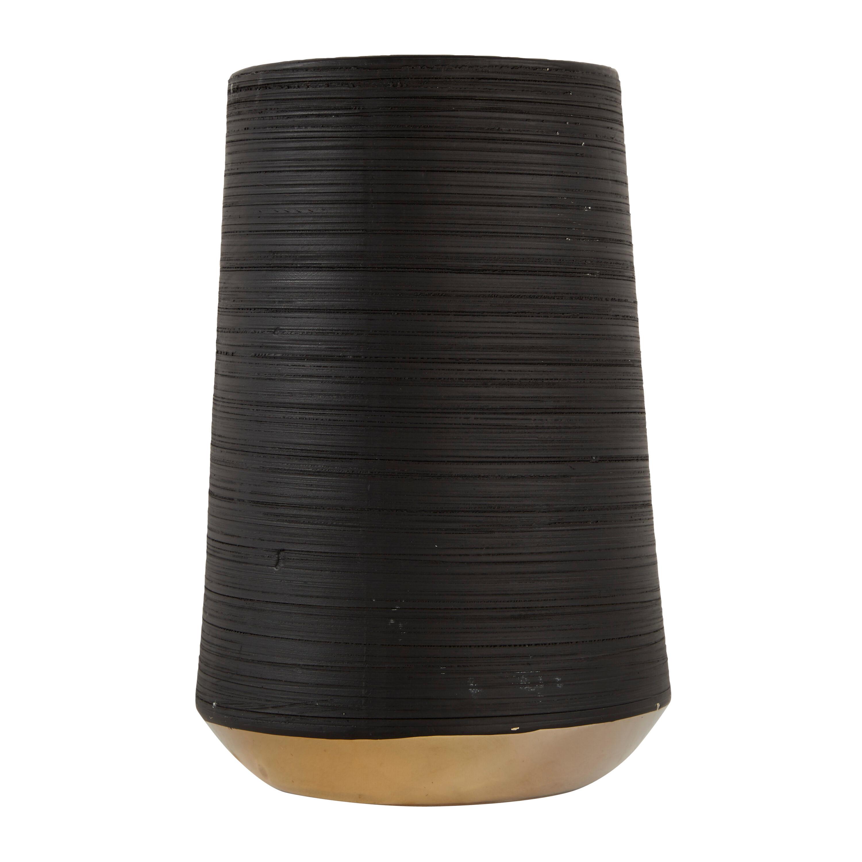 CosmoLiving by Cosmopolitan 8" Ribbed Black Porcelain Ceramic Vase with Gold accents