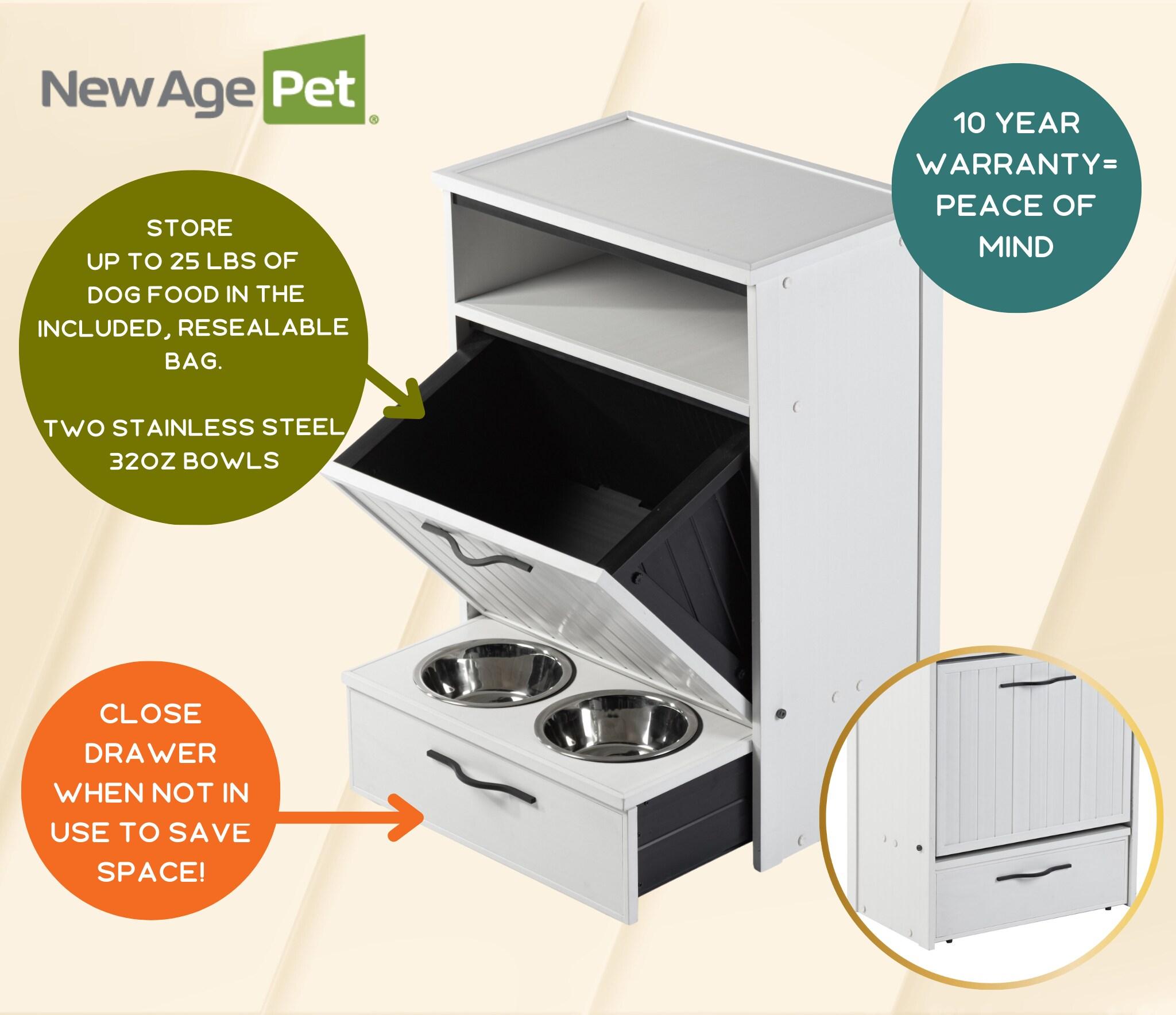 New Age Pet® ECOFLEX® Dog Food Pantry with Double Stainless Steel Bowls - Durable Composite, Includes 2x 32oz Bowls, Storage for 25 lbs of Dog Food, Easy Assembly, Moisture Resistant