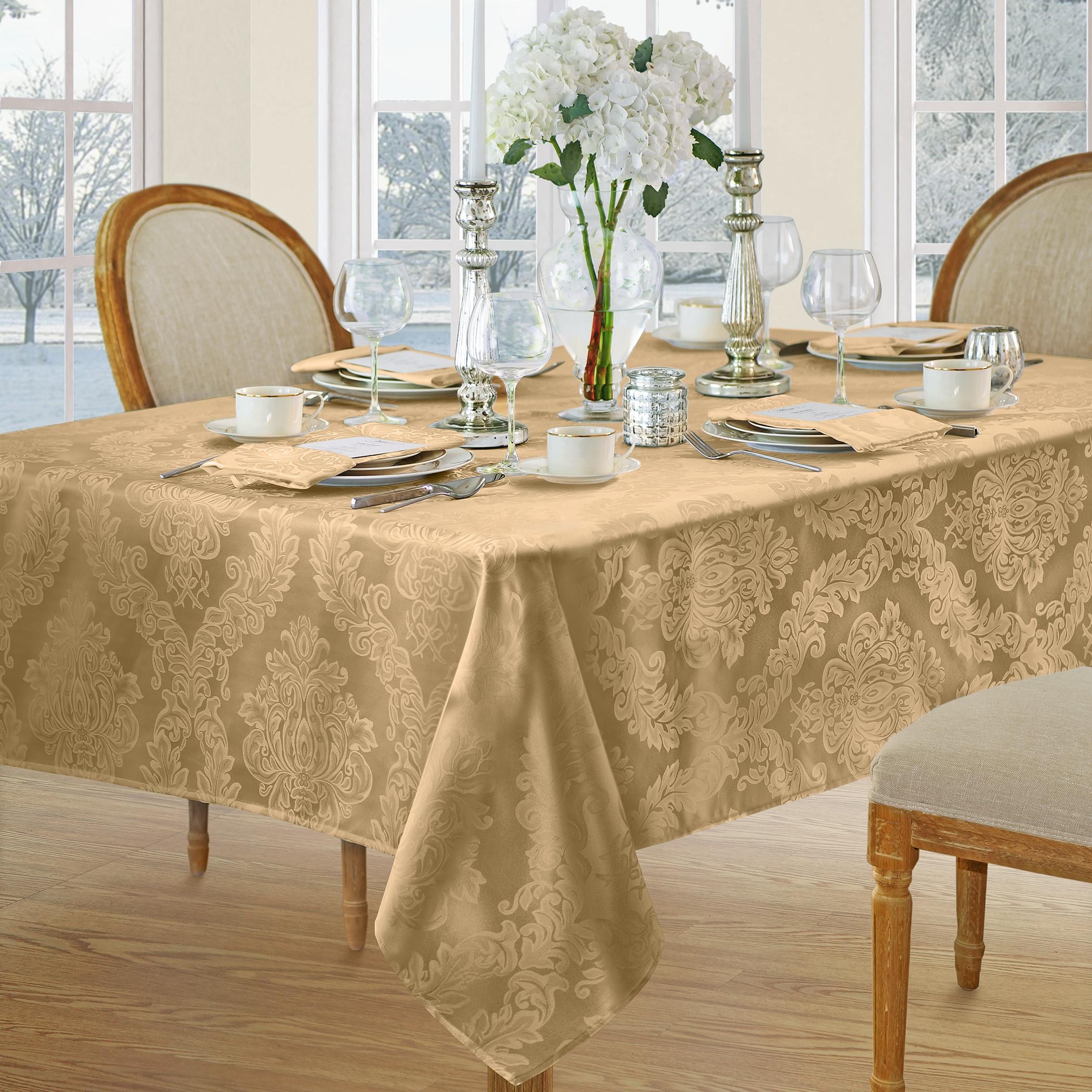 Barcelona Jacquard Damask Stain Resistant Tablecloth - 60" x 144" Rectangle - Gold - Elrene Home Fashions