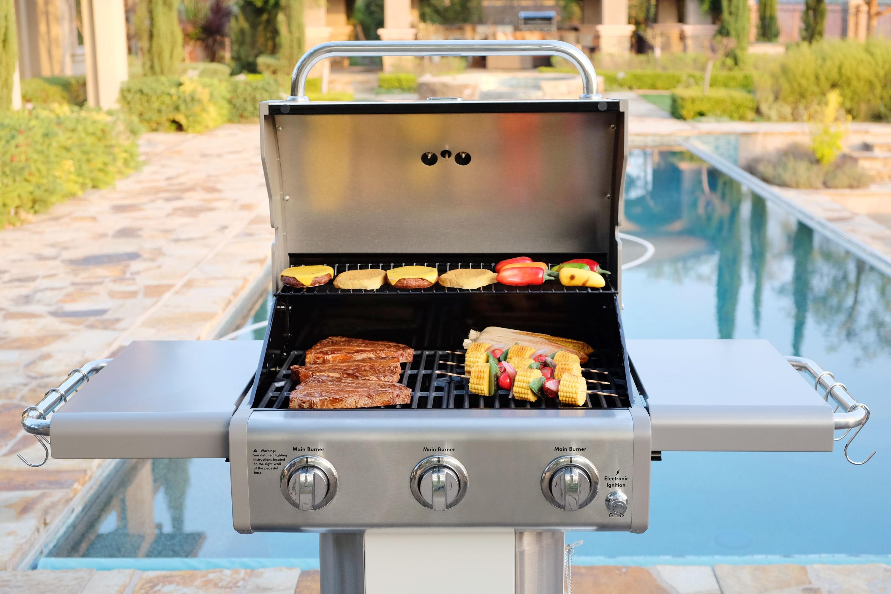 Kenmore 3-Burner Propane Gas Grill with Foldable Side Tables for Outdoor BBQ