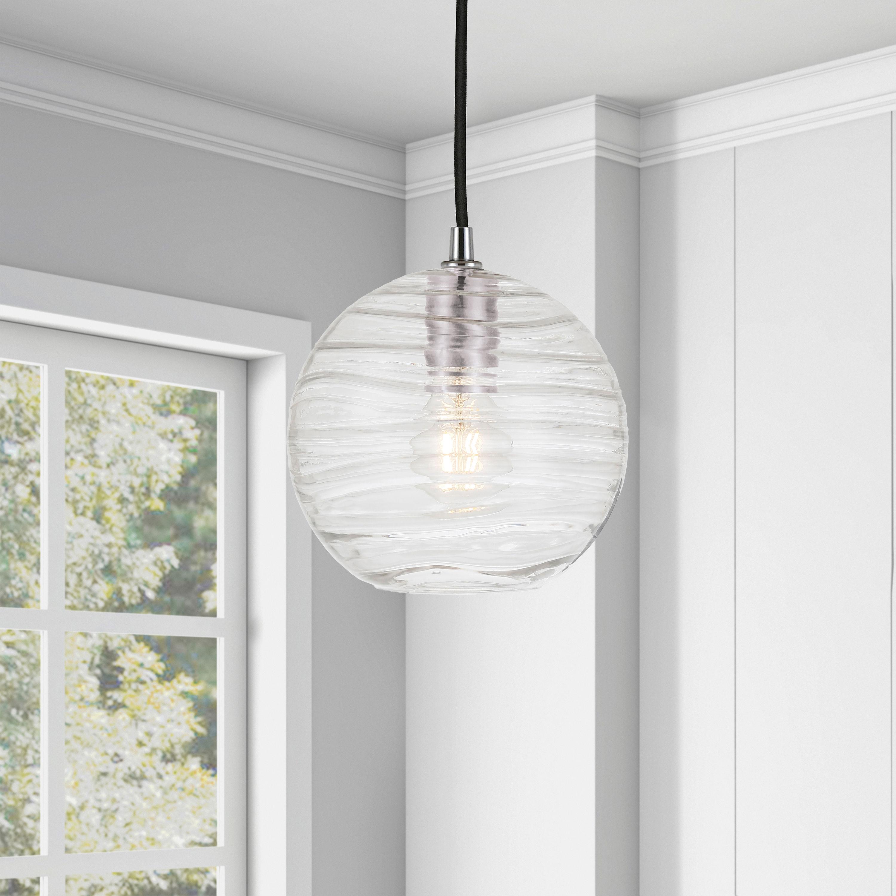 Polished Nickel Globe Pendant Light with Rippled Glass Shade