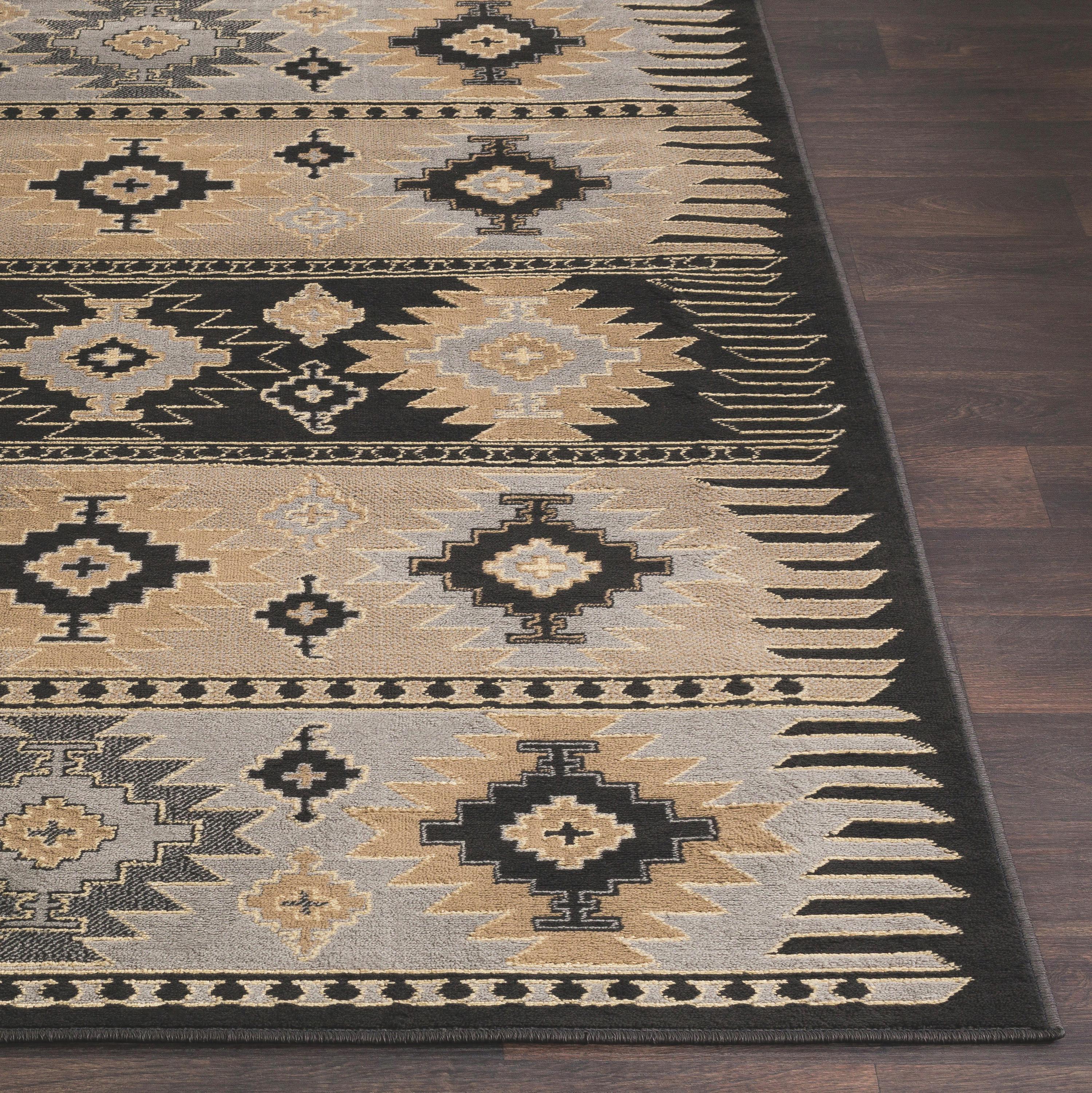 Greige and Black Synthetic Southwest Print Rectangular Area Rug
