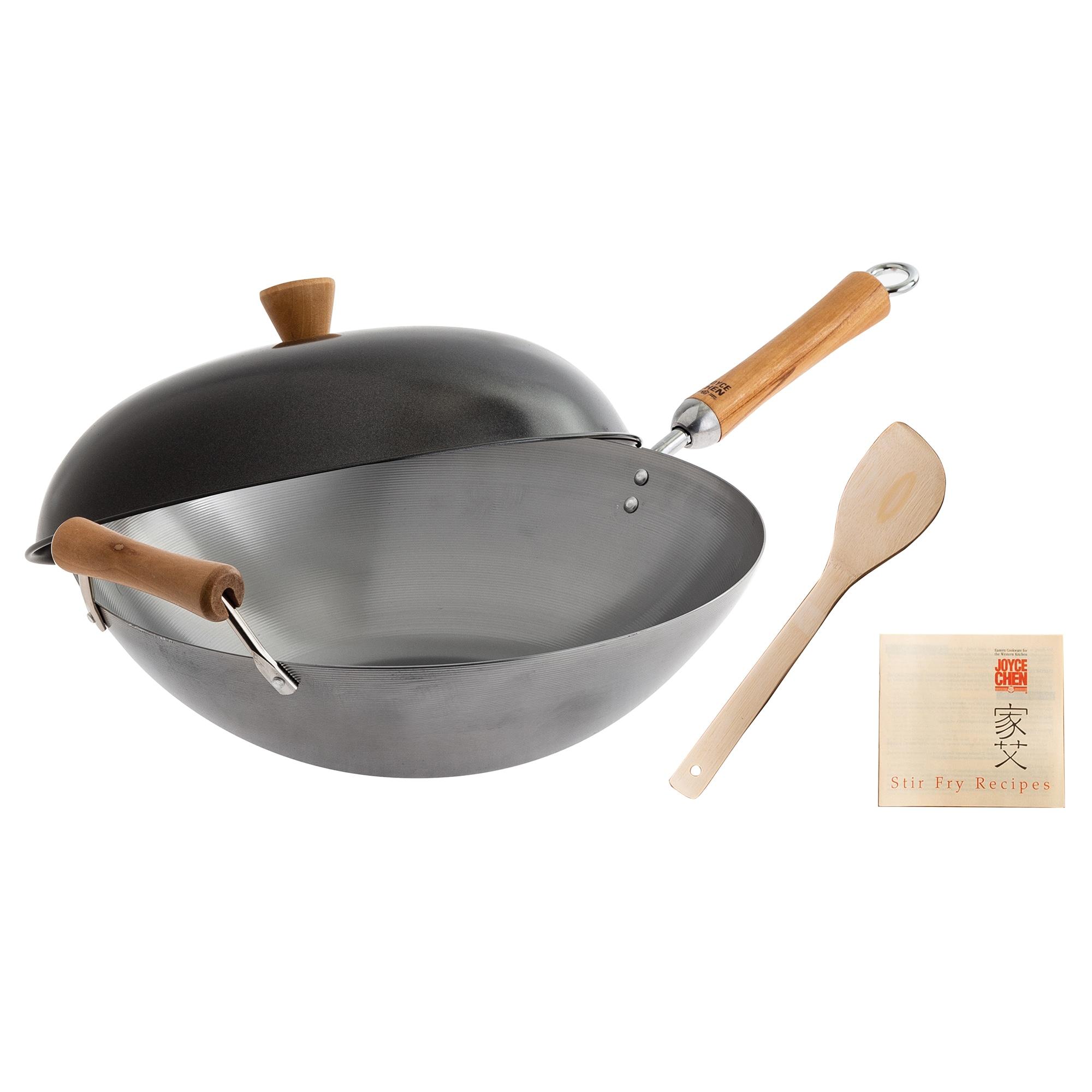 Joyce Chen Classic Series Uncoated Carbon Steel Wok Set with Lid and Birch Handles, 4 Pieces, 14-in., J21-9972