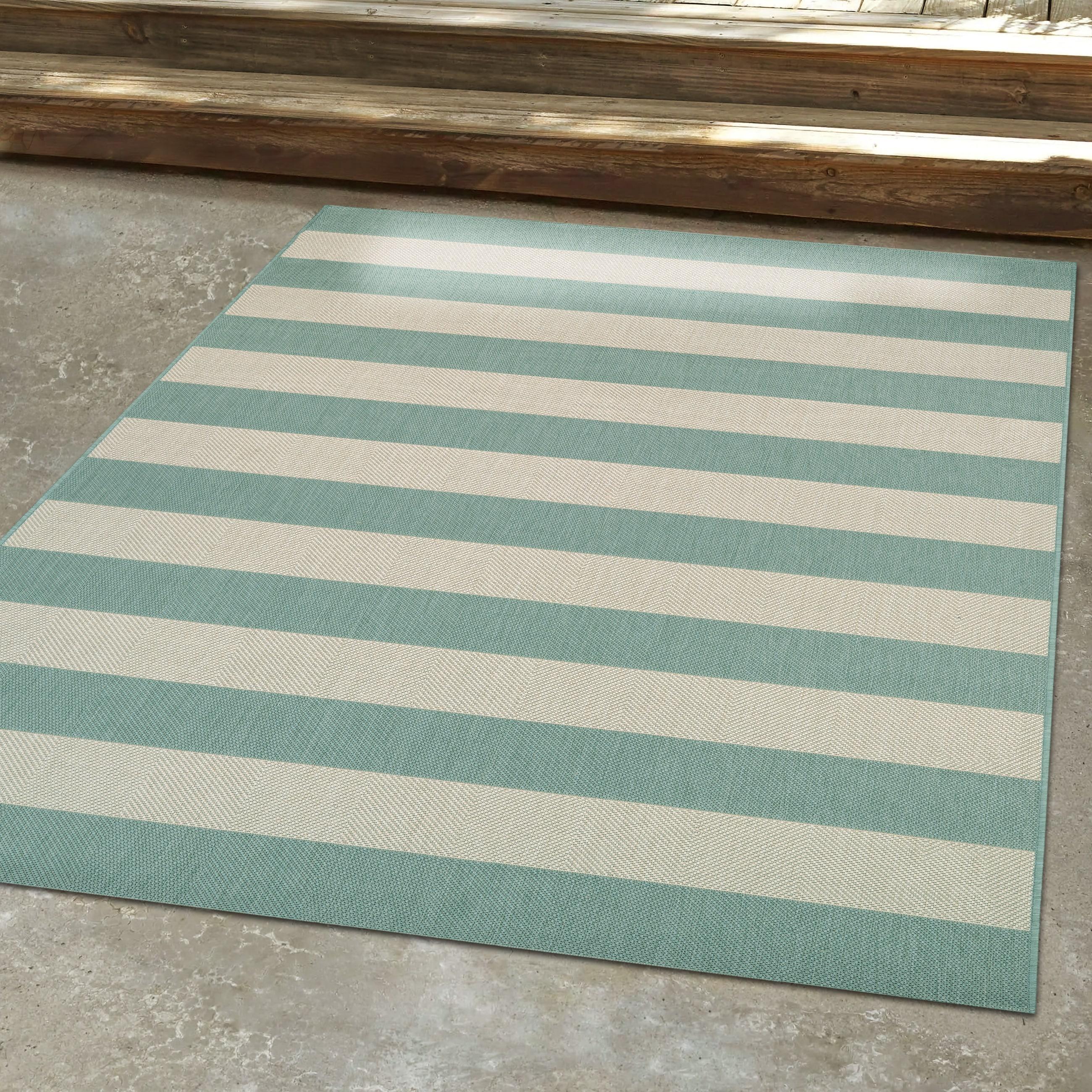 Couristan Afuera Yacht Club 5'3" x 7'6" Sea Mist Green and Ivory Stripe Outdoor Rectangle Rug