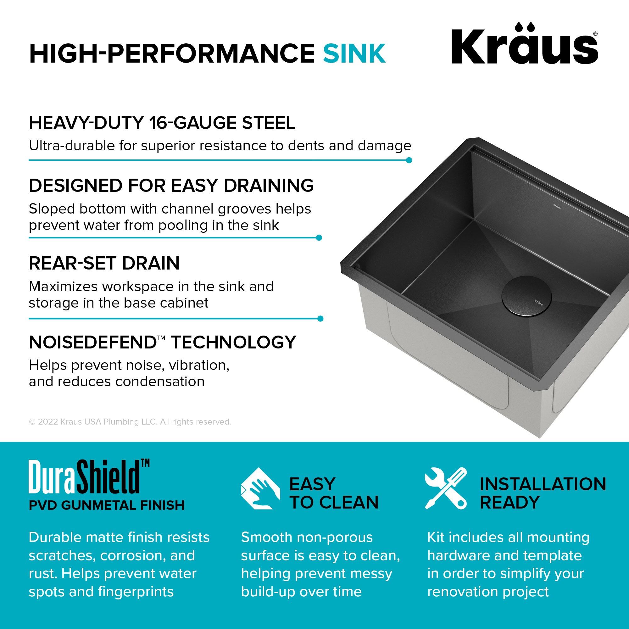 KRAUS Kore 21 Undermount Workstation 16 Gauge Black Stainless Steel Single Bowl Kitchen Sink in PVD Gunmetal Finish with Accessories