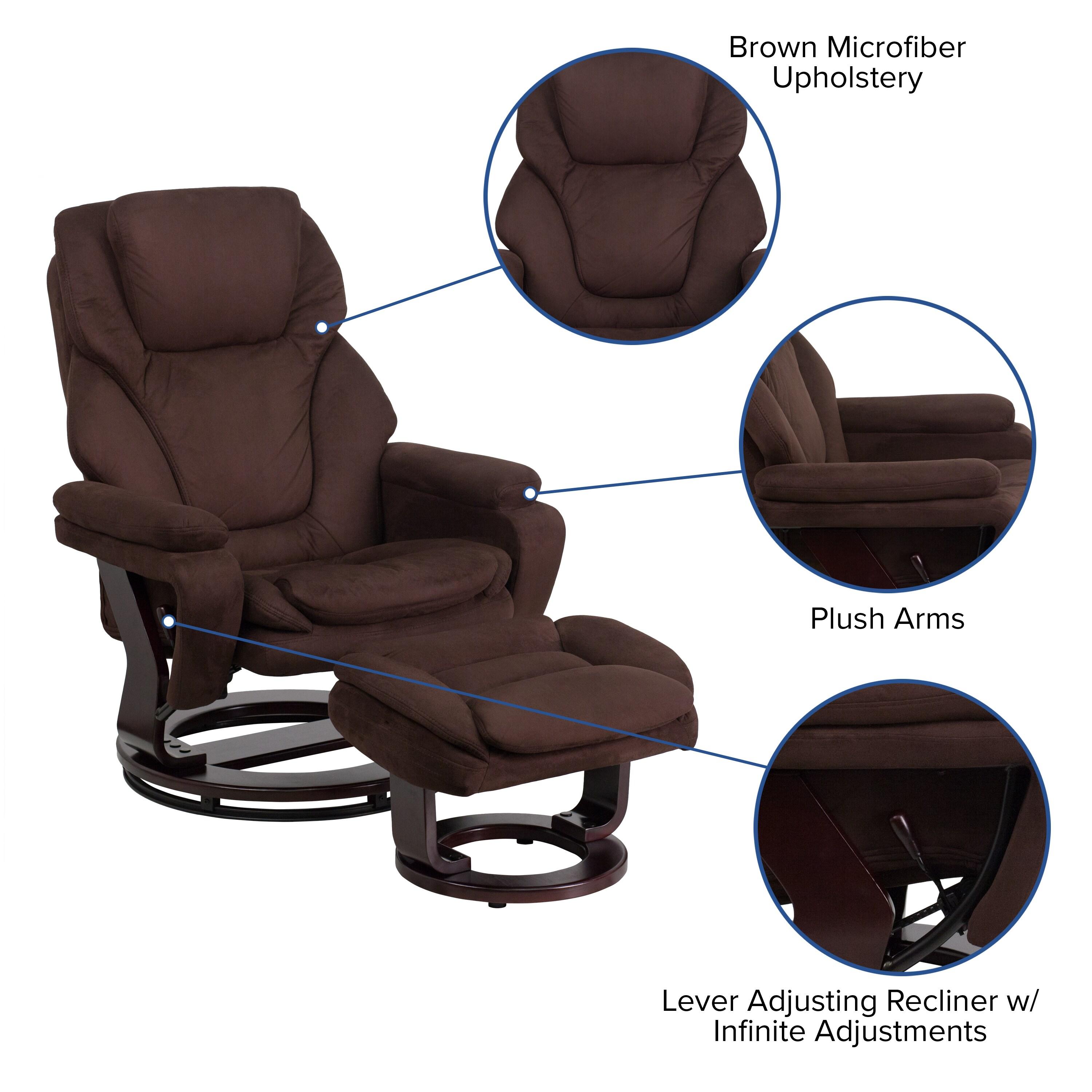 Flash Furniture Contemporary Multi-Position Recliner and Ottoman with Swivel Mahogany Wood Base in Brown Microfiber