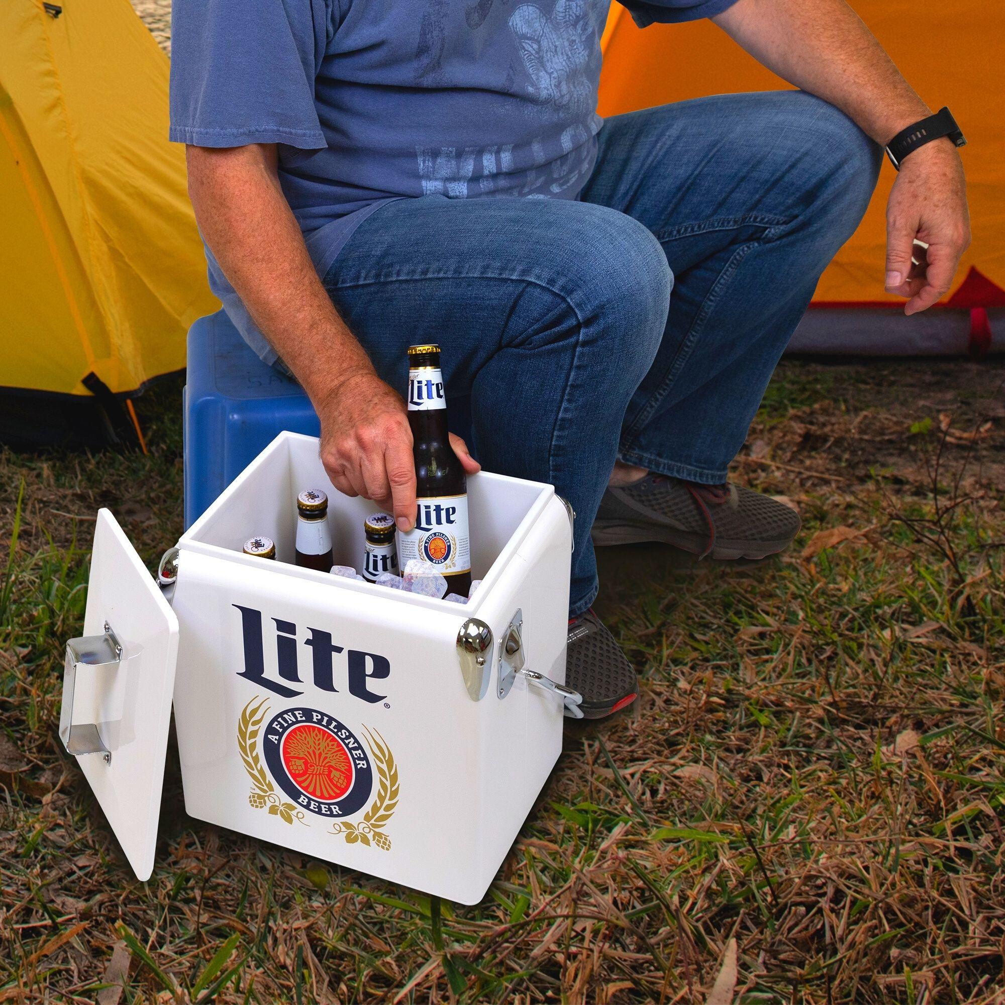 Miller Lite Retro Ice Chest Cooler with Bottle Opener 13L (14 qt), White and Blue