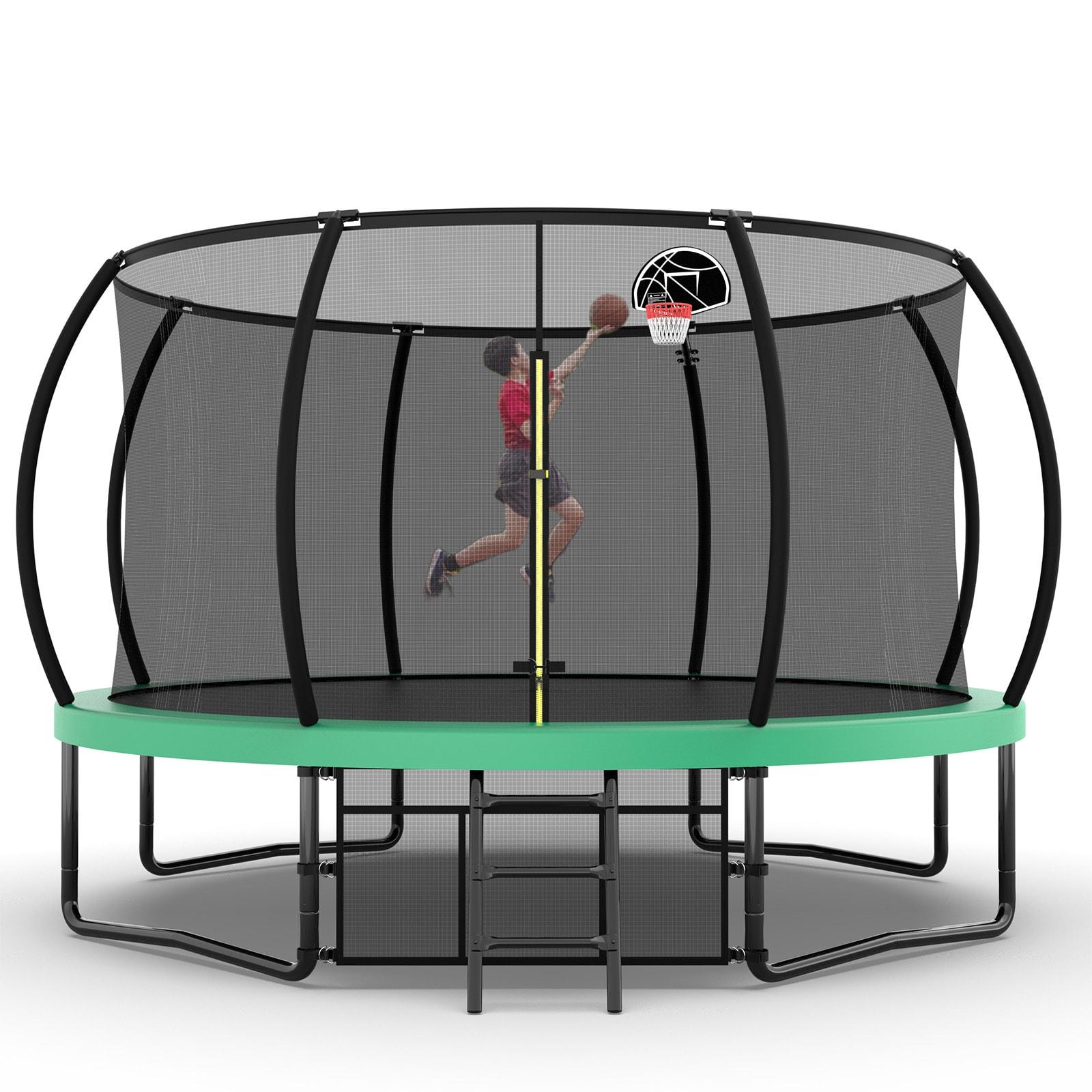 12FT Round Trampoline with Basketball Hoop for Kids, Outdoor Recreational Trampolines with Safety Enclosure Net & Ladder, 880 LBS Weight Capacity, Green