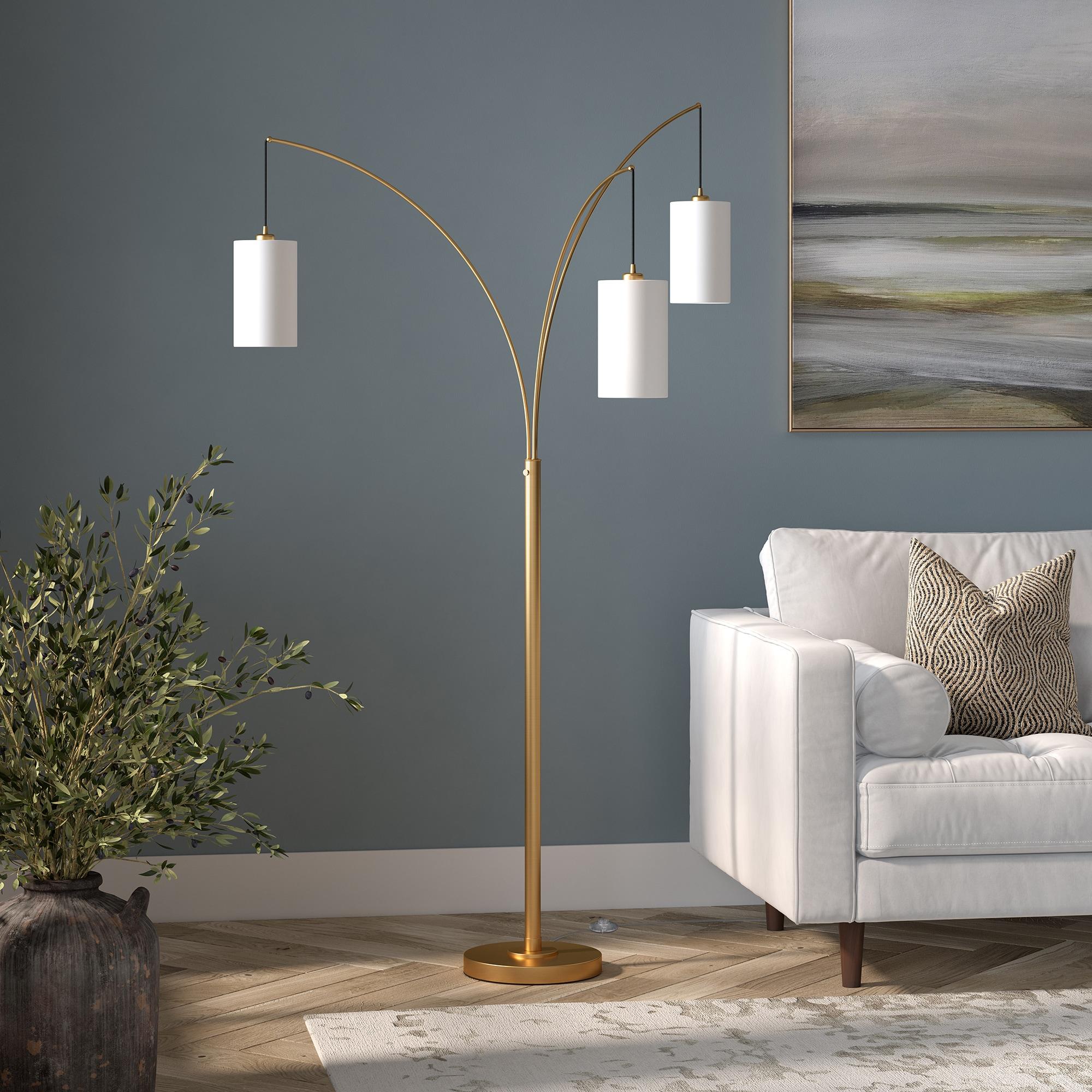 Evelyn&Zoe Aspen 3-Light Torchiere Floor Lamp with Fabric Shade, Brass/White