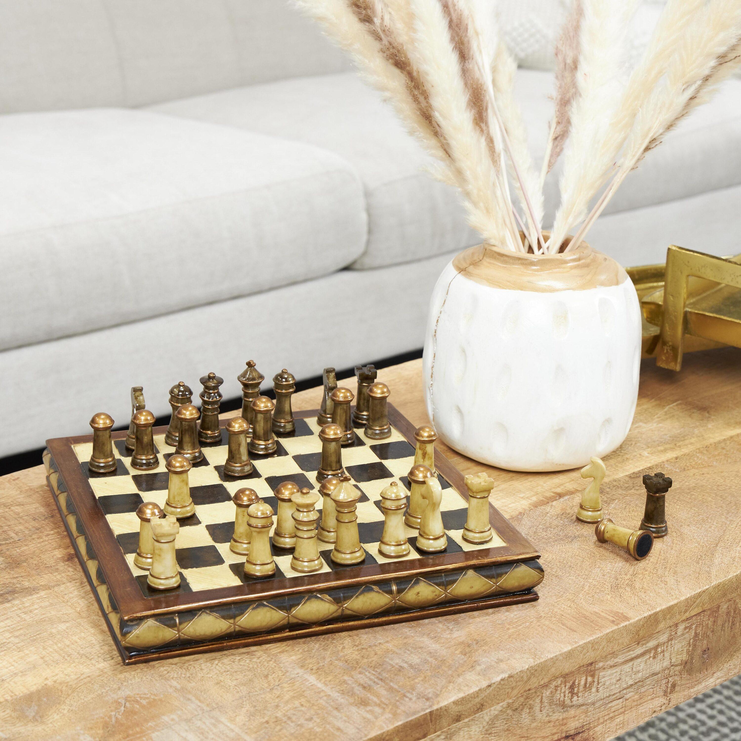 Brown Polystone and Brass Chess Set with Mahogany Finish