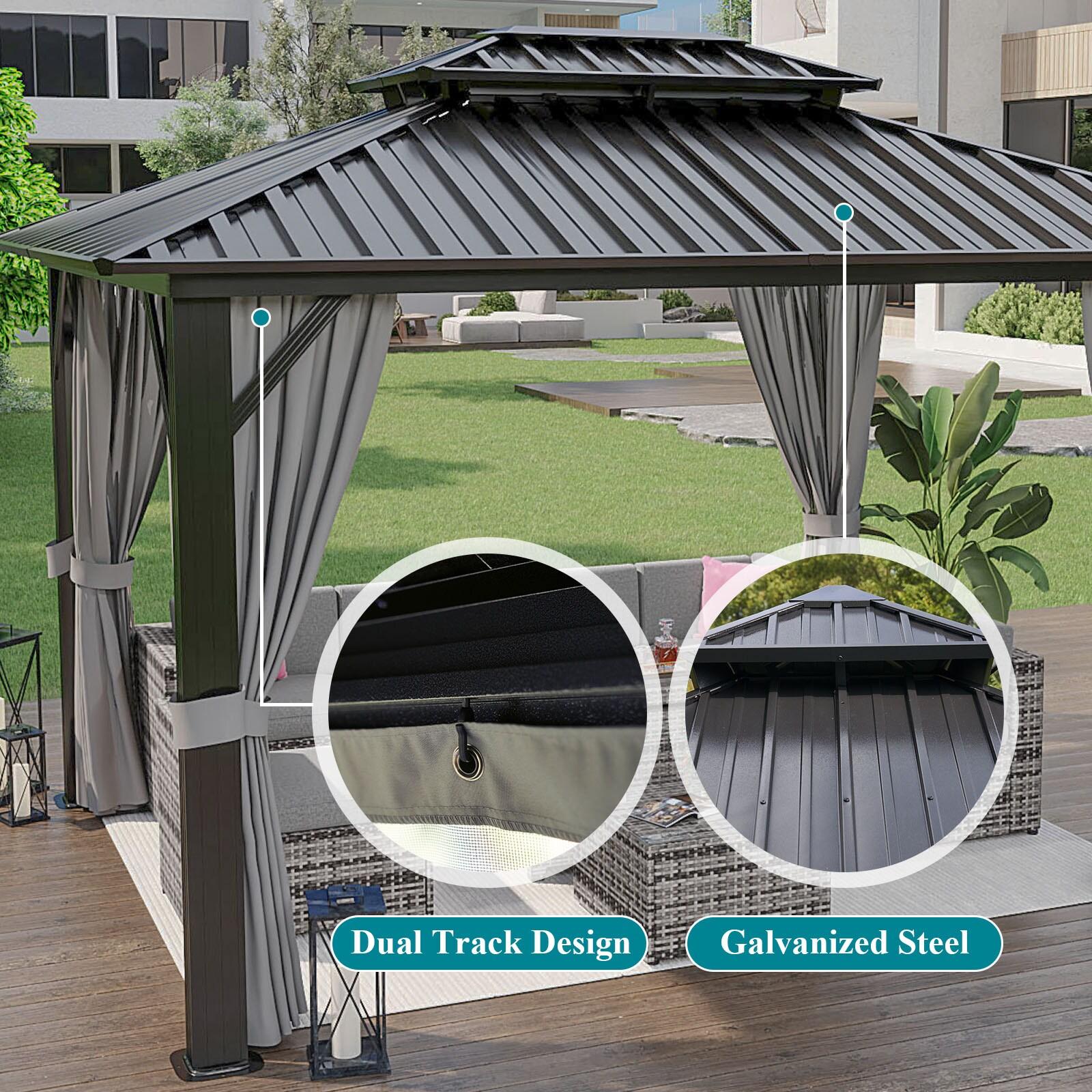 Sunmthink 10x12 ft. Hardtop Gazebo with Mosquite Netting, Double Metal Roof for Lawn and Garden, Brown