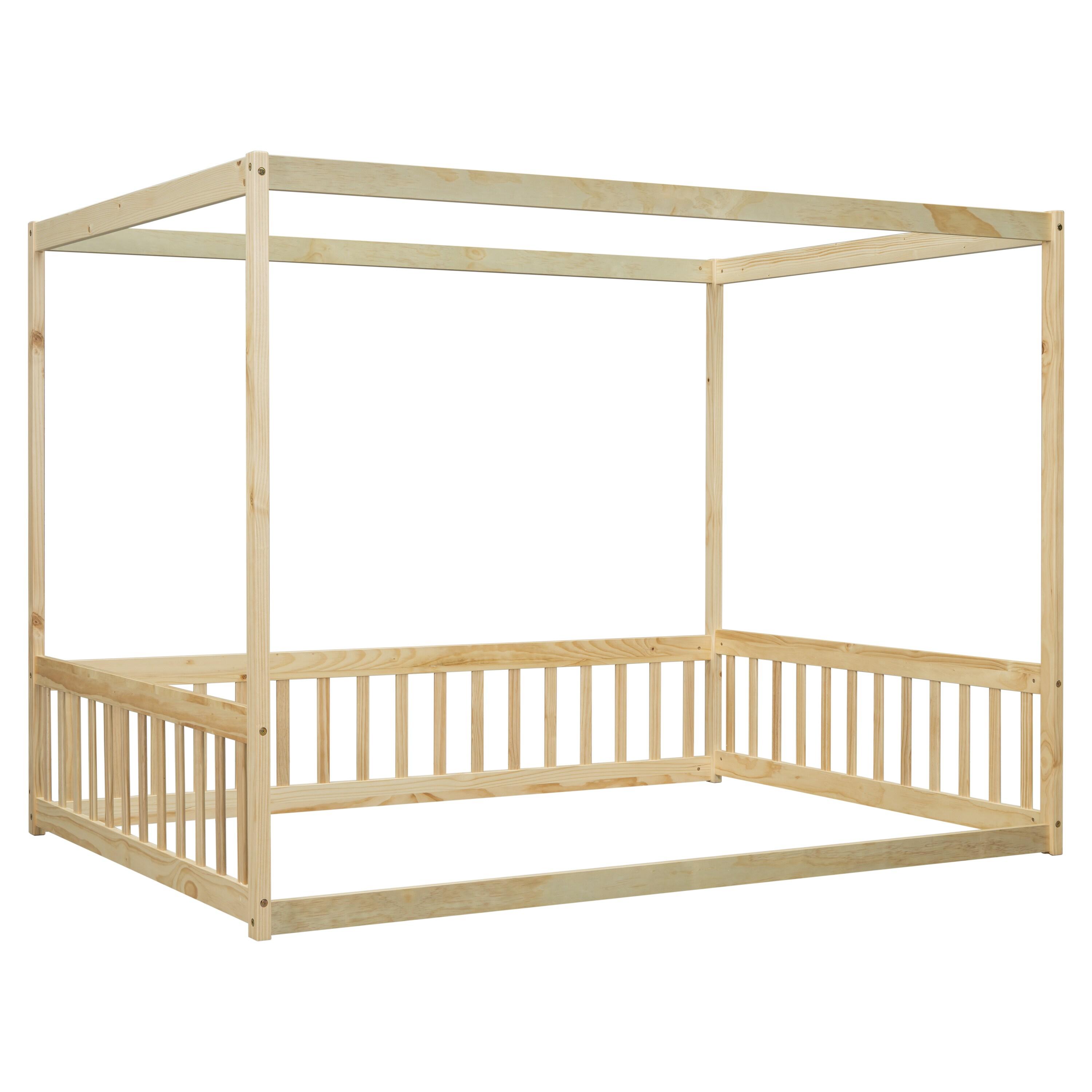 Canopy Frame Twin Size Floor Bed for Kids Bedroom,Wood Bed Frame with Fence for Boys/Girls/Teens,No Box Spring Needed,Natural