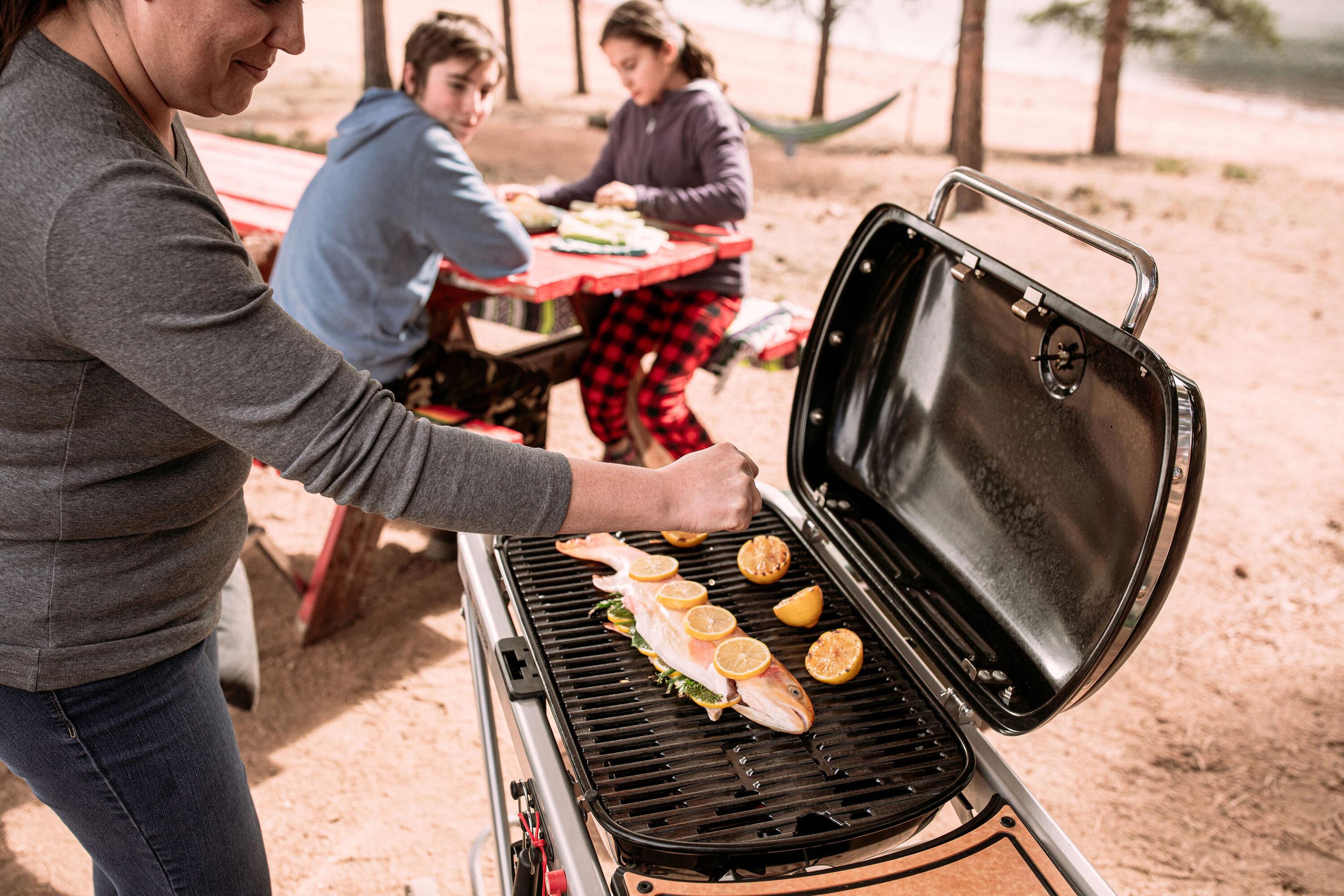 Weber Traveler Portable Outdoor Porcelain Coated Cast Iron LP Gas Grill, Black