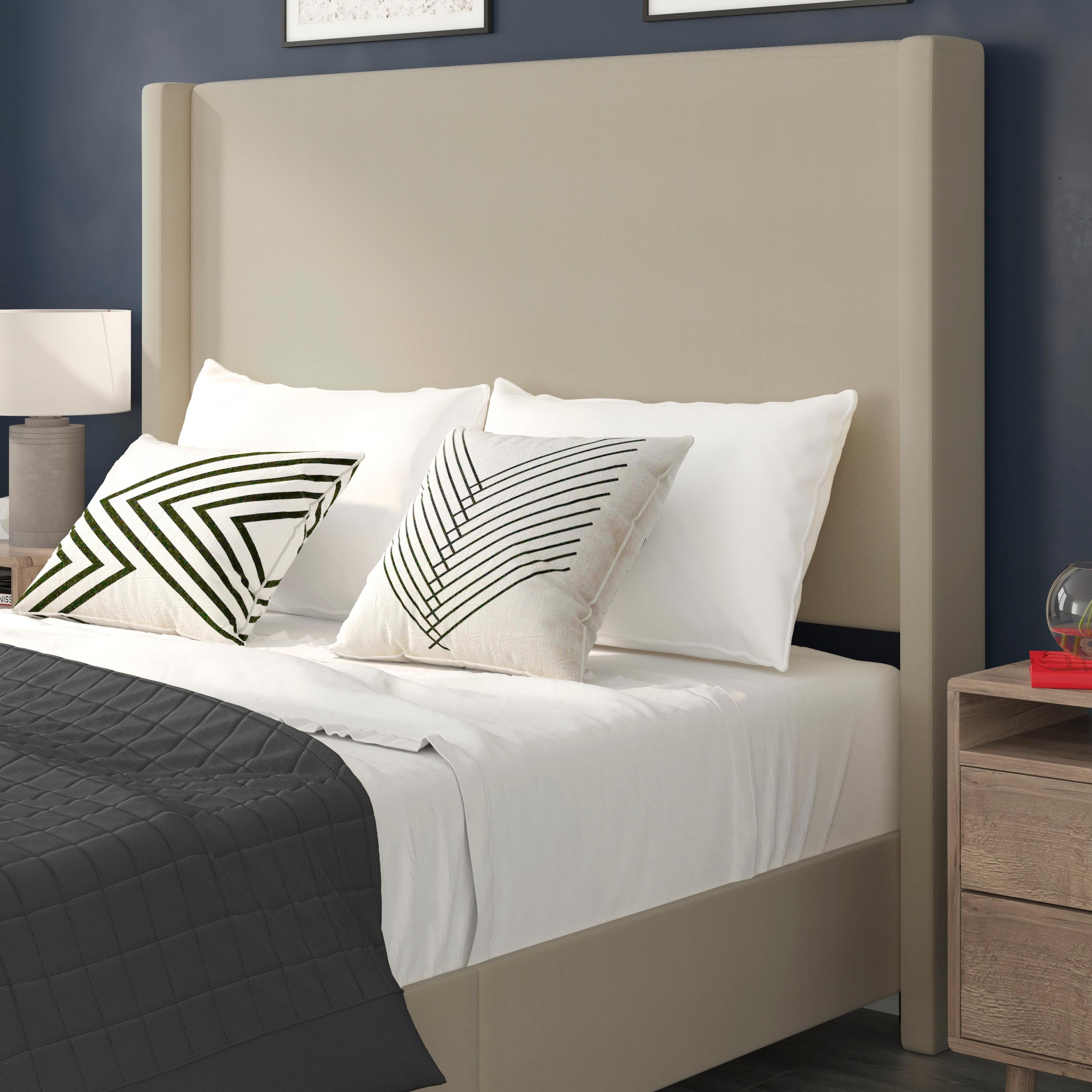 Flash Furniture Quinn Queen Upholstered Platform Bed with Channel Stitched Wingback Headboard, No Box Spring Needed, Beige