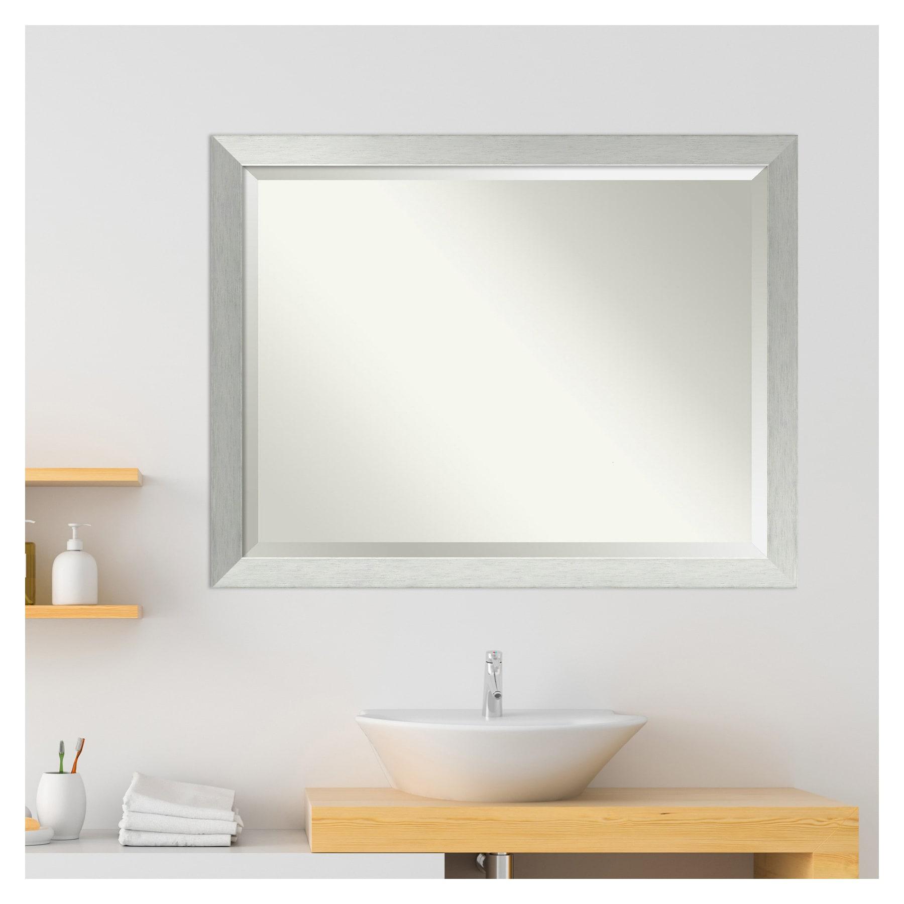 Brushed Sterling Silver Beveled Wood Bathroom Wall Mirror