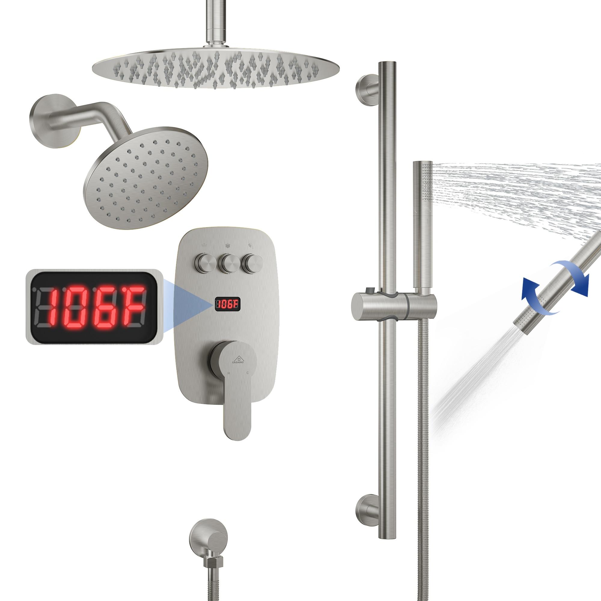 CASAINC BR01008SX12BN Rainfall Symphony 12inch Dual Showerhead Temperature Display Shower System with 2 in 1 Slider Bar Shower Handheld