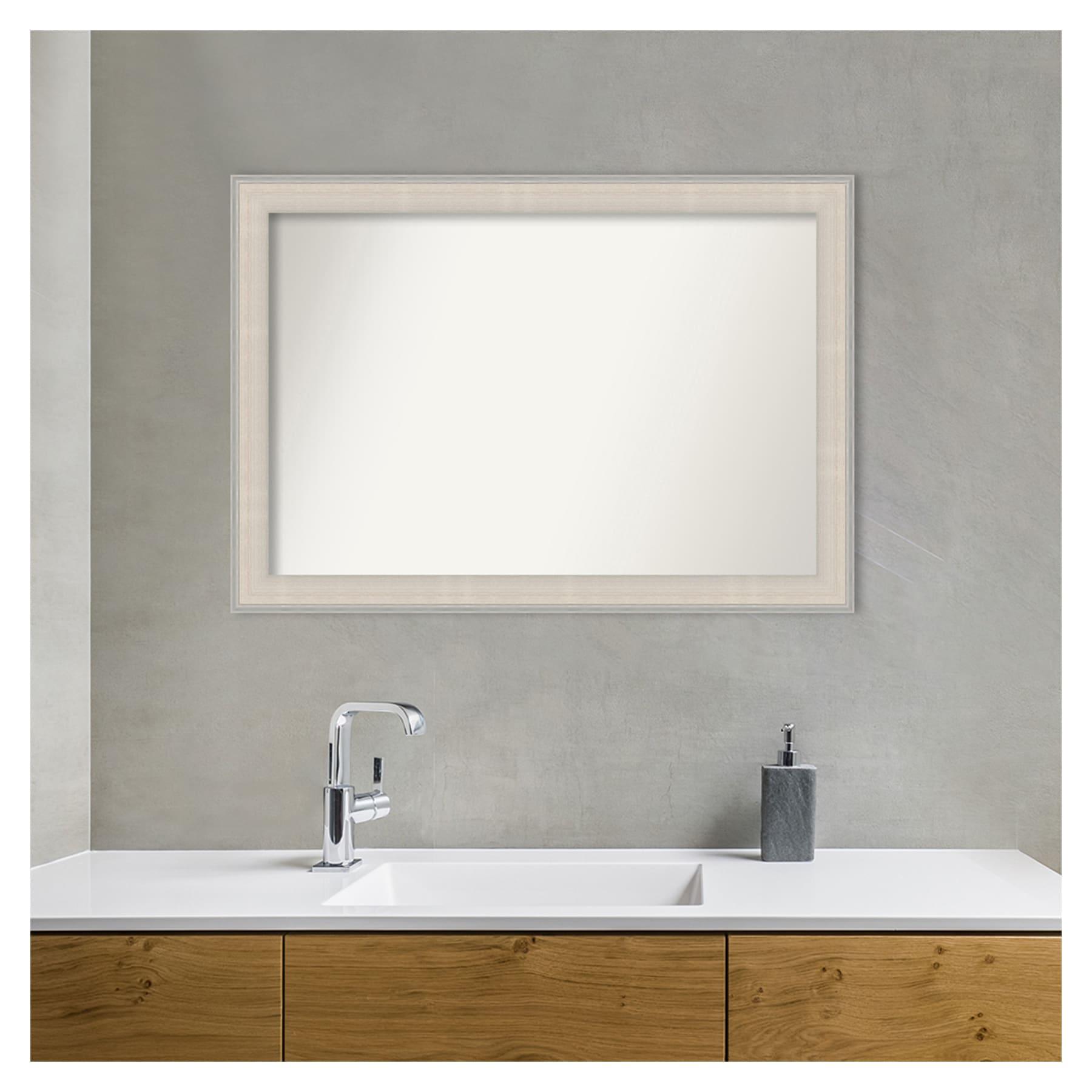 41"x29" Non-Beveled Cottage Wood Bathroom Wall Mirror White/Silver - Amanti Art: Modern Rectangle, Wall Mount, Wood Frame