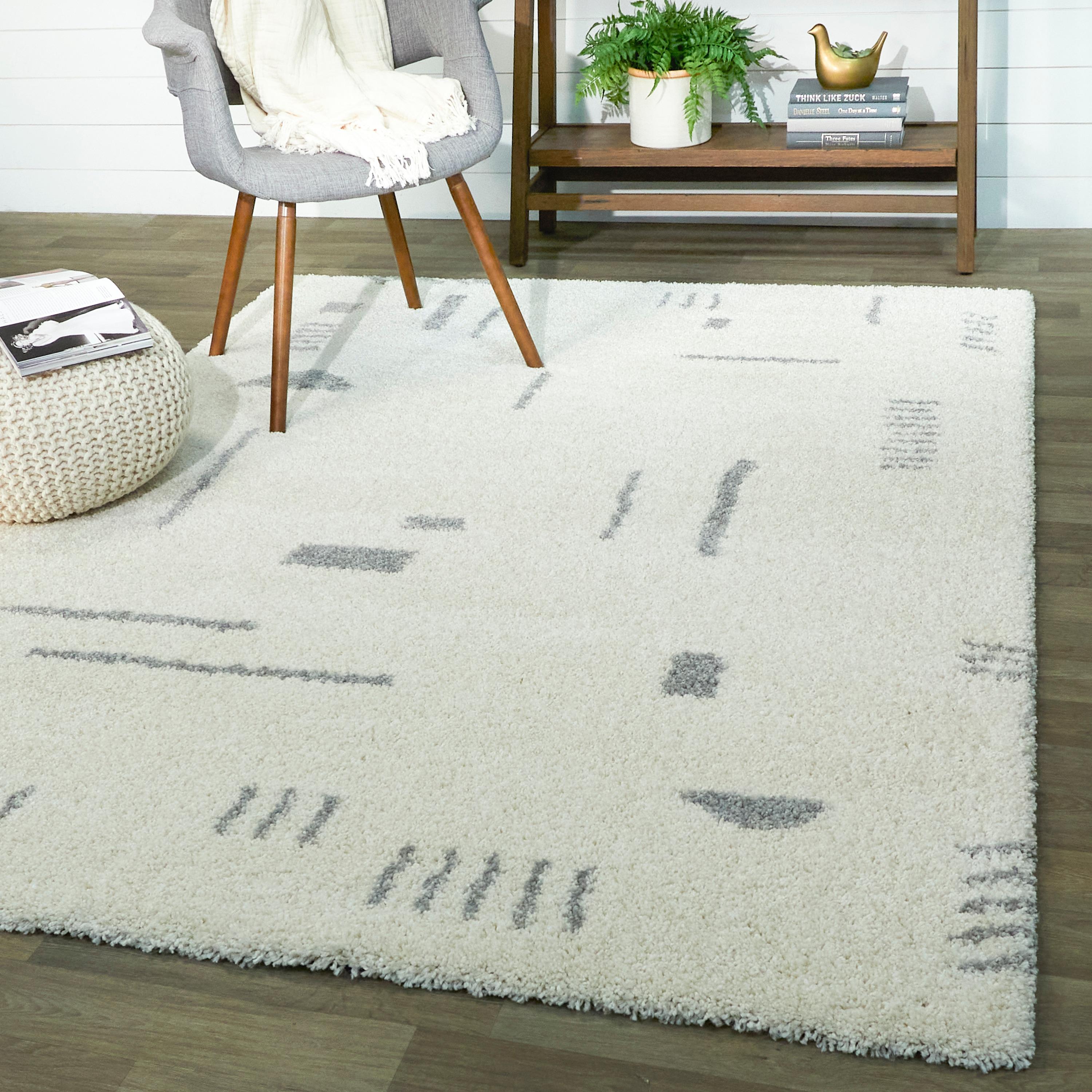 White and Grey Geometric Shag Synthetic 6' x 9' Area Rug