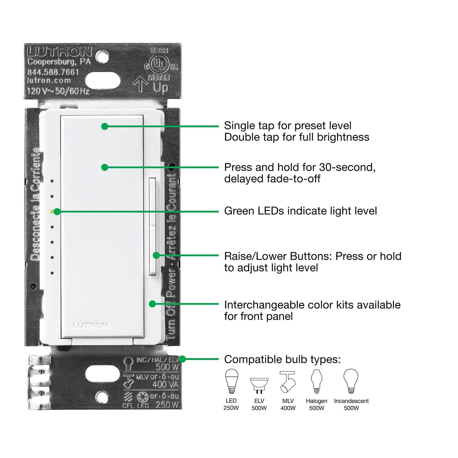 Lutron 26176 - 120 volt 50/60 Hz White Single-Pole / 3-Way 3-Wire Fluorescent/LED Wall Dimmer Switch