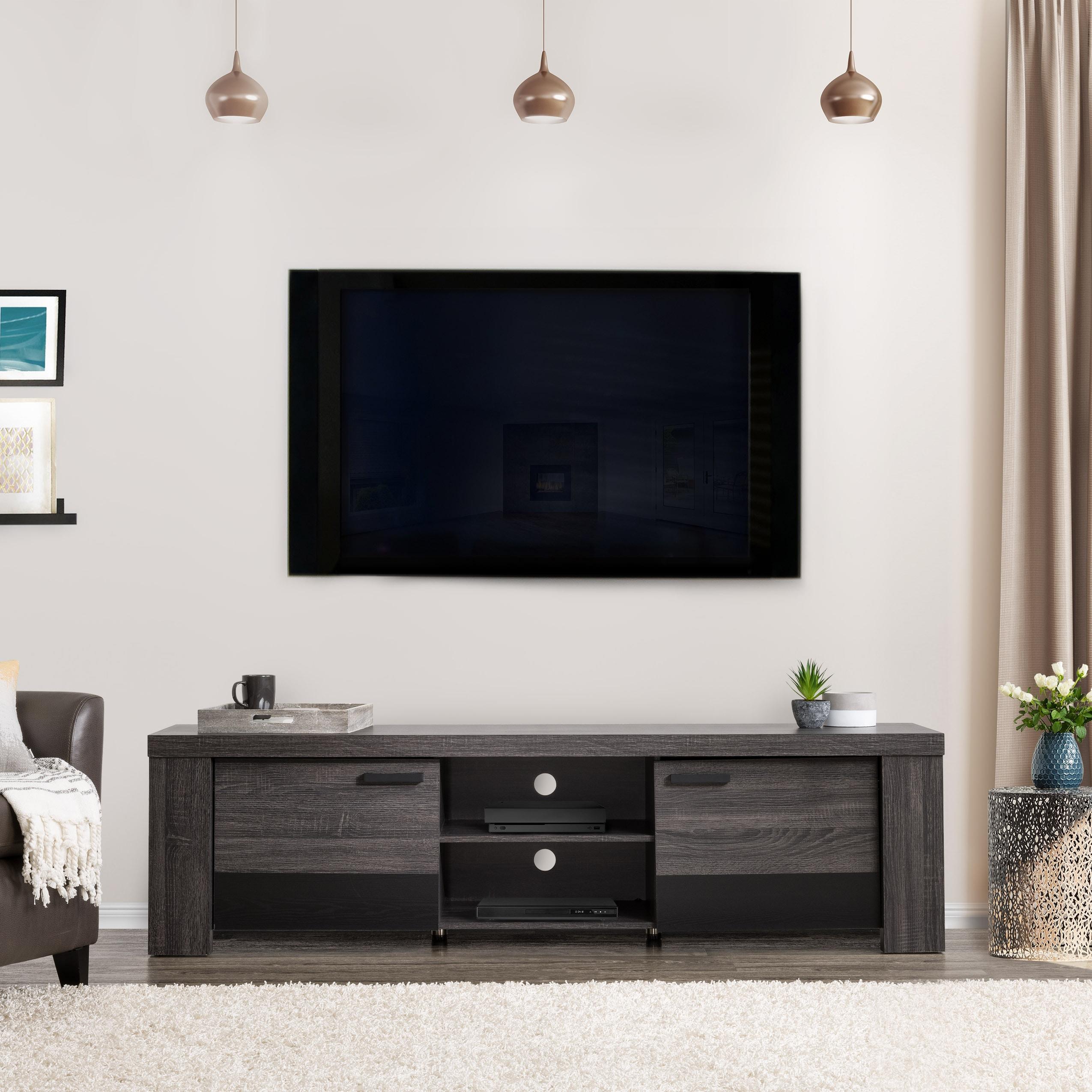 Distressed Carbon Grey and Black Wood TV Stand with Cabinet
