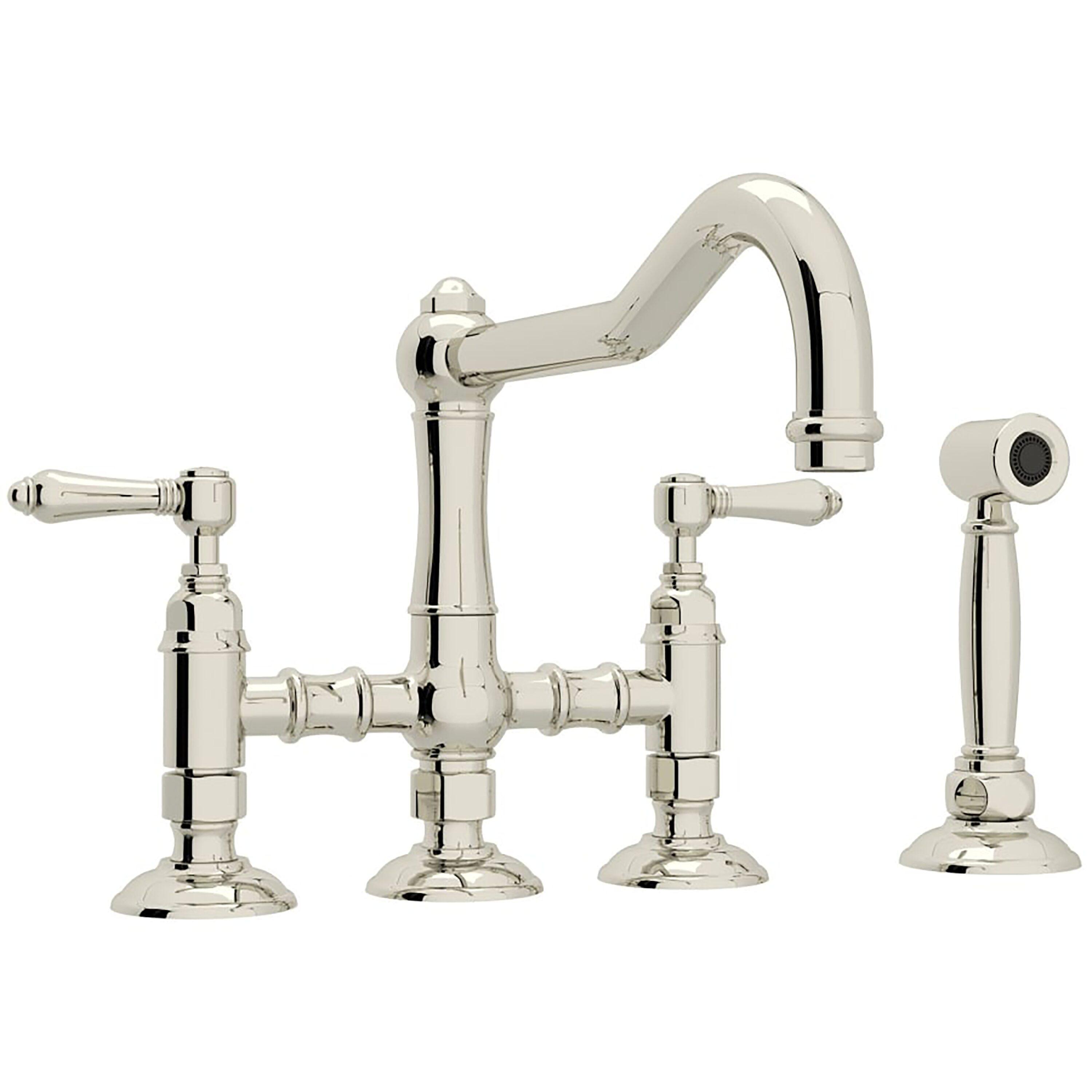 Rohl Italian Kitchen Acqui Three Leg Bridge Faucet With Metal Levers Sidespray And 9" Reach Column Spout In Polished Nickel