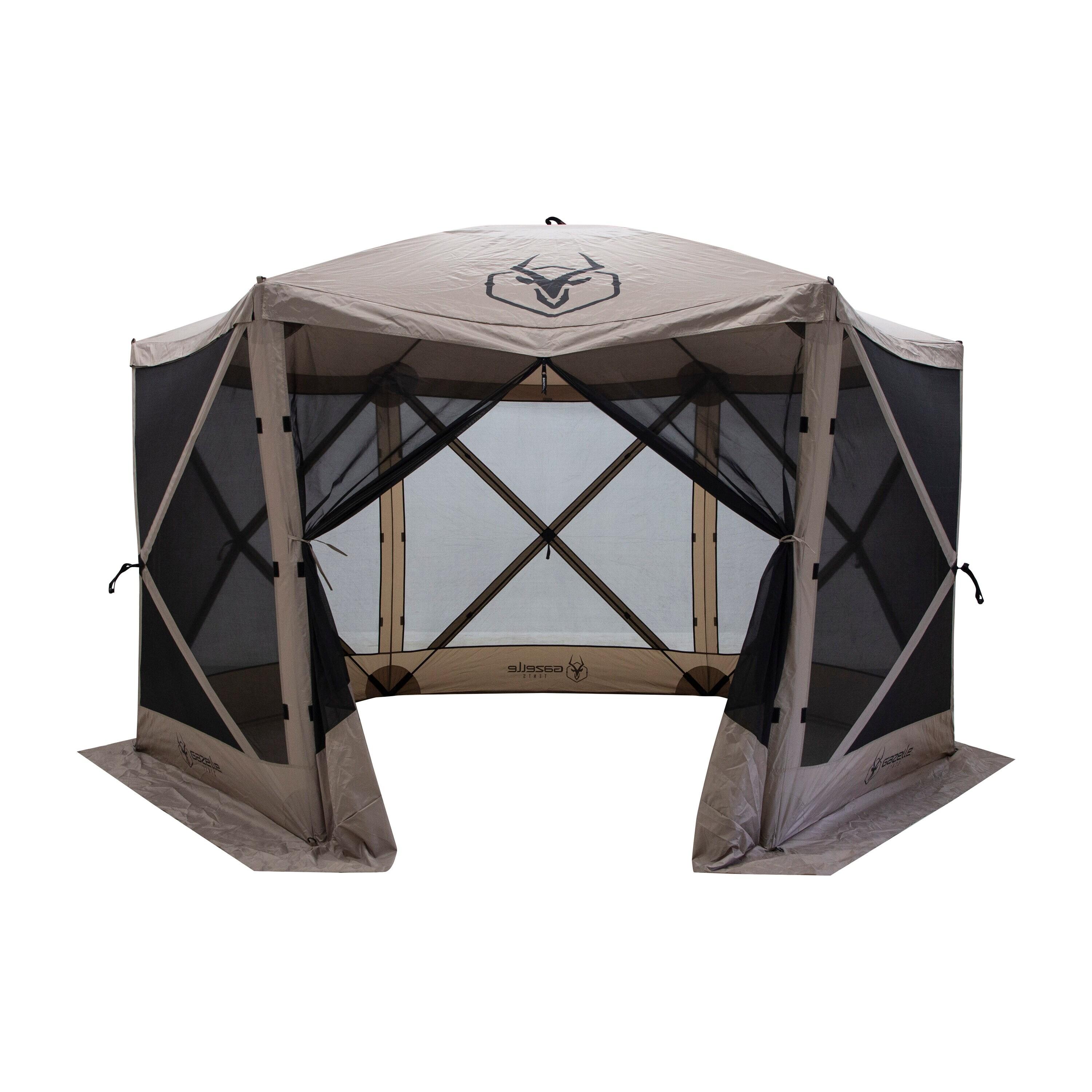 Gazelle Tents G6 8 Person 12 by 12 Pop Up 6 Sided Portable Hub Outdoor Gazebo Screen Canopy Tent with Large Main Door and Screens, Desert Sand