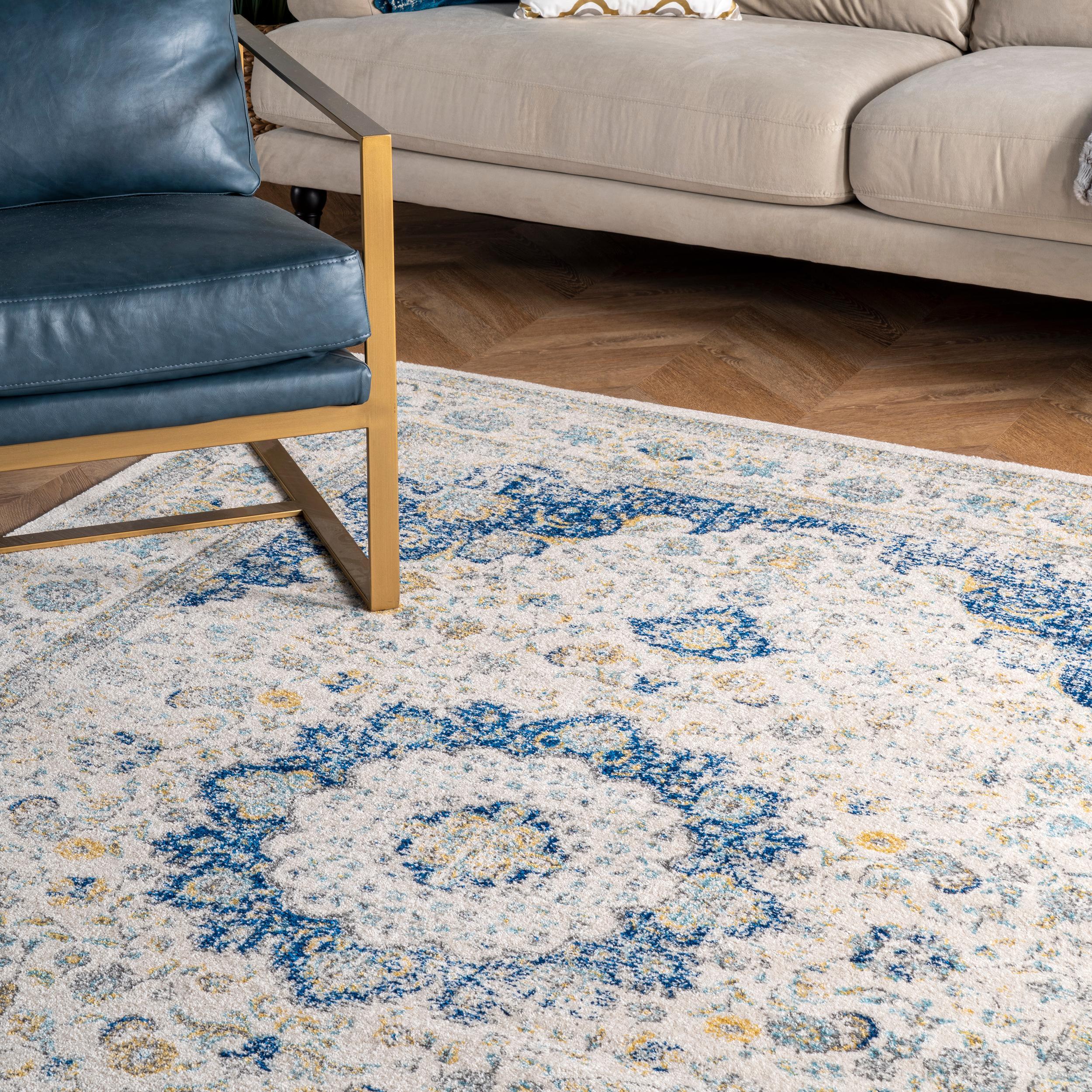 Blue and White Synthetic Reversible Runner Rug