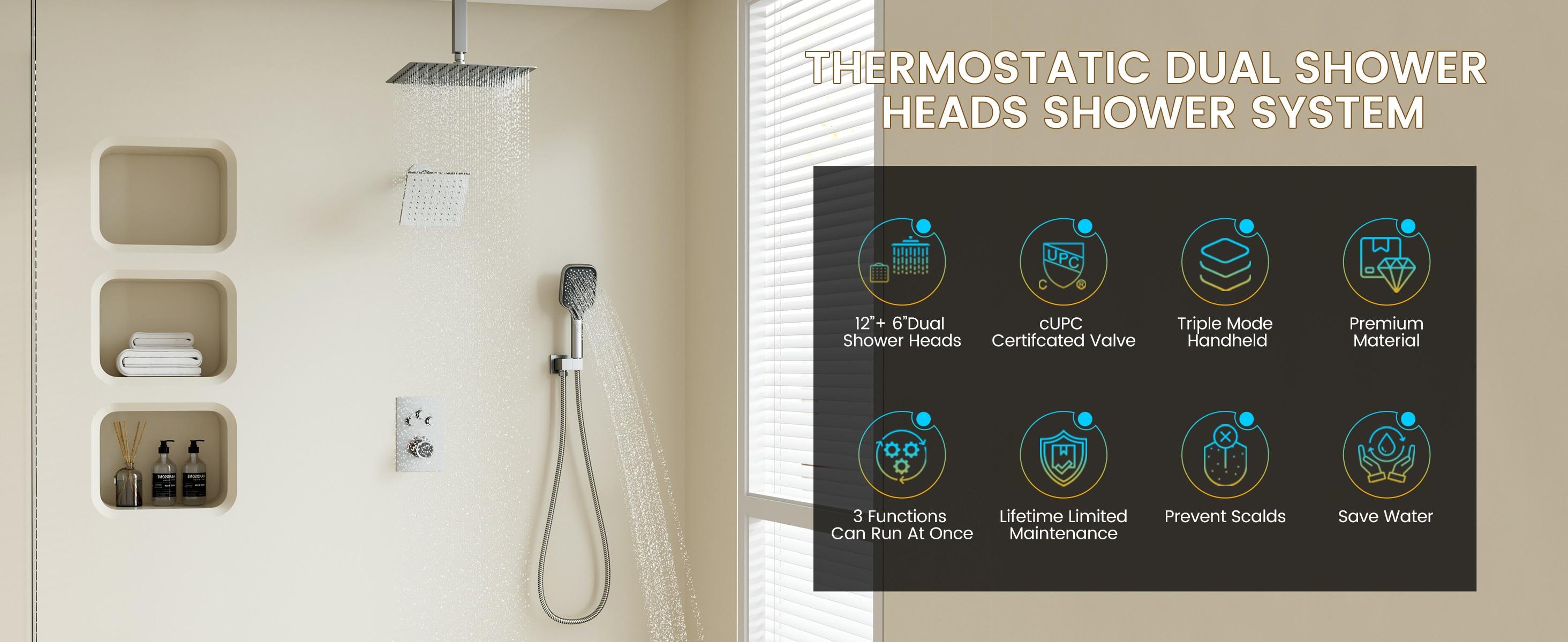 Rainfall Symphony 12inch 3-Function Dual Shower Head Thermostatic Shower System with 3 Sprays Handheld