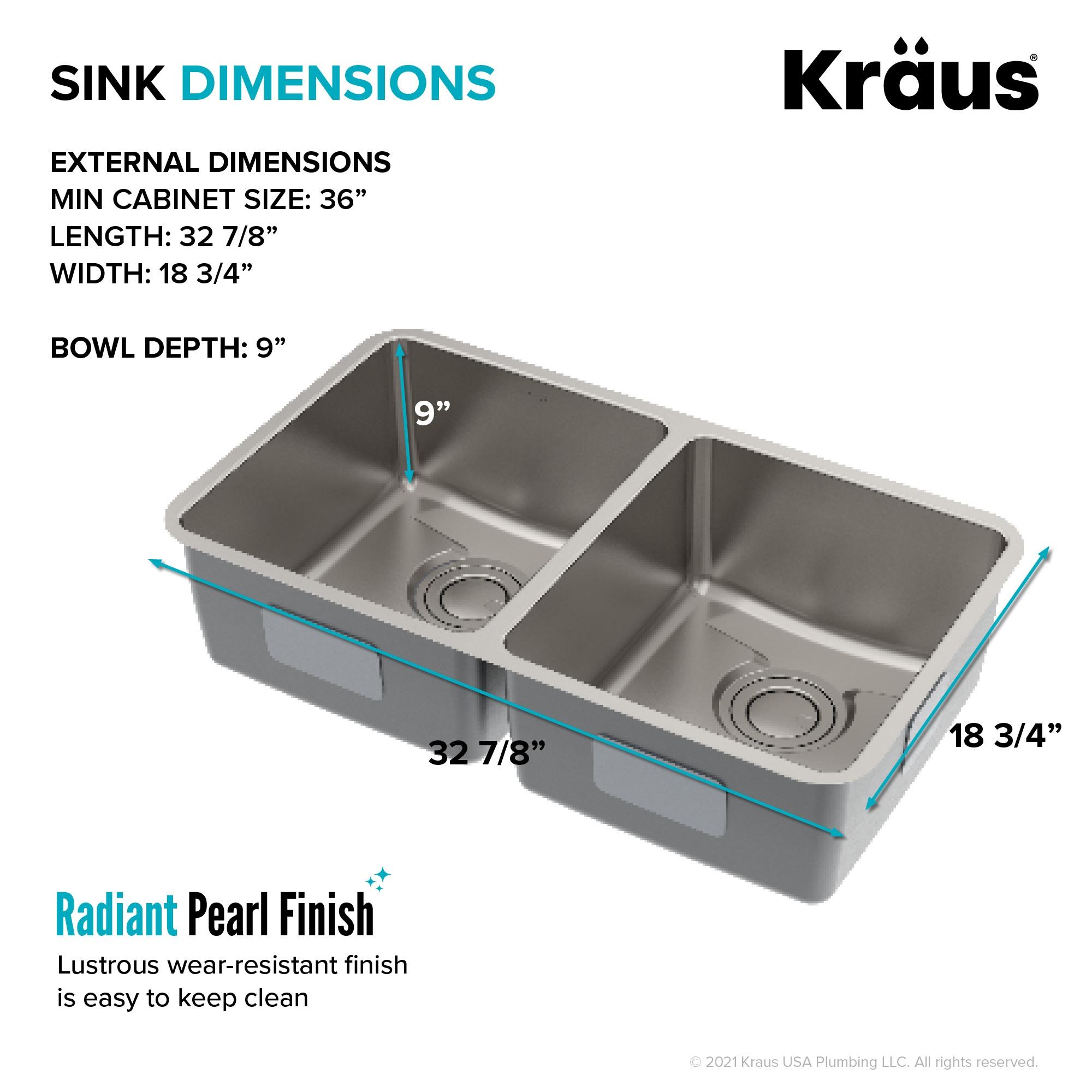 Dex™️ Series KRAUS 33-inch L Undermount 50/50 Double Bowl TRU16 Gauge Stainless Steel Kitchen Sink with DrainAssure WaterWay