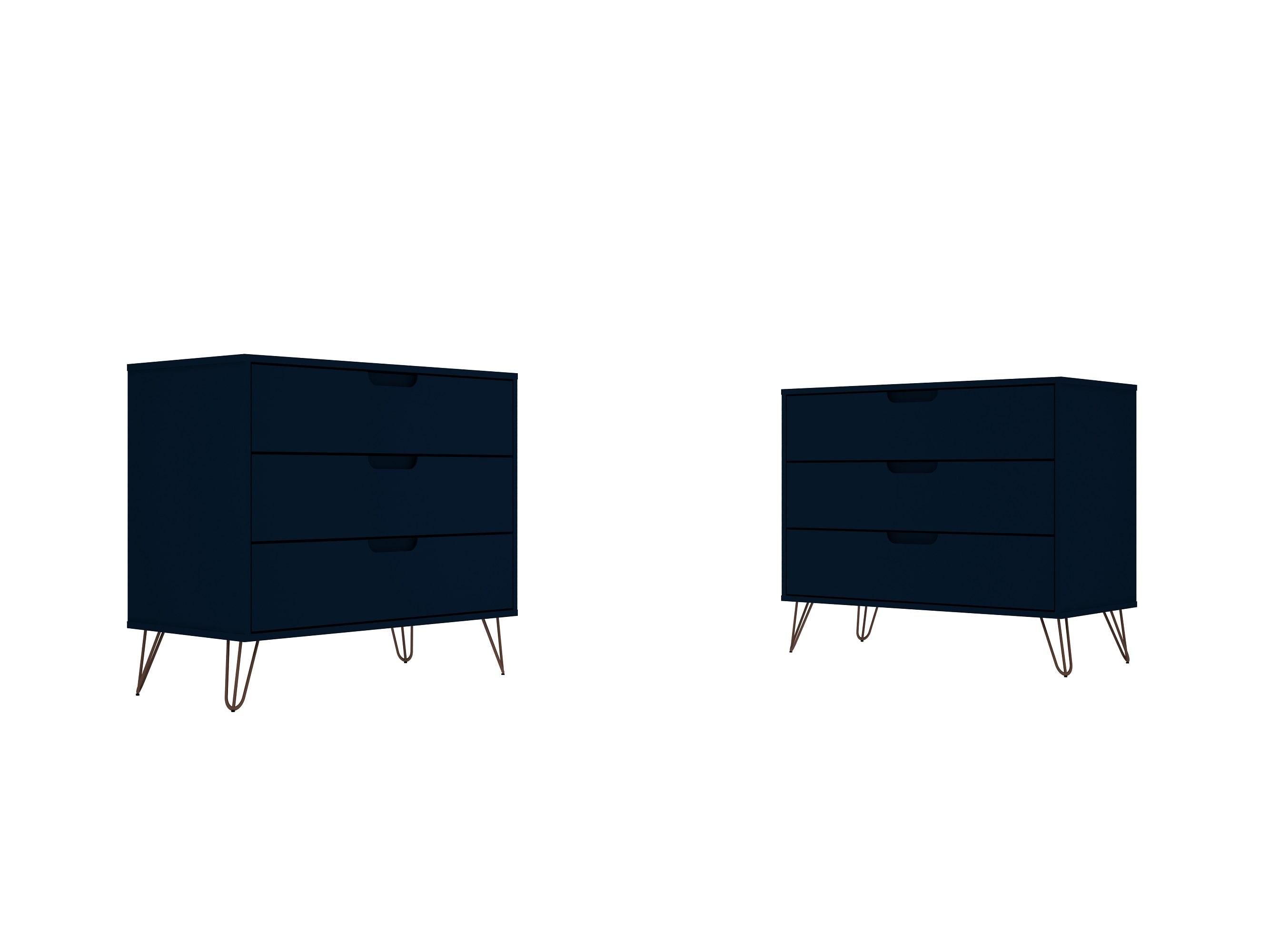 Manhattan Comfort Set of 2 Rockefeller 3 Drawer Dresser Tatiana Midnight Blue: MDF Bedroom Storage, Easy-Glide, Includes Anti-Tip Hardware