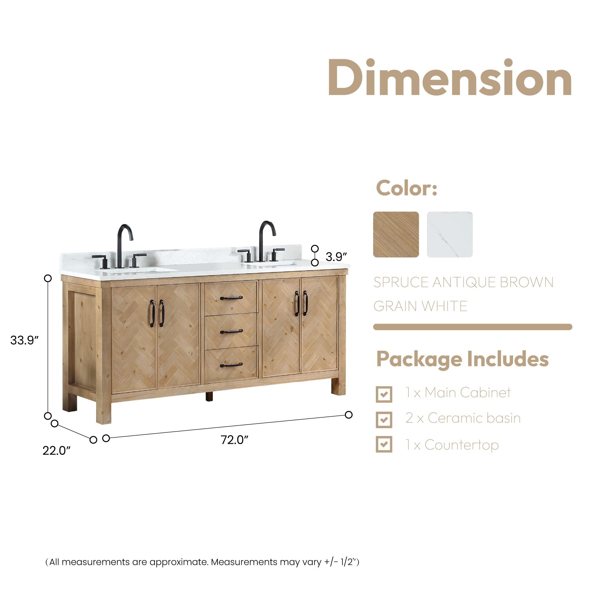 Javier 72" Bath Vanity in Spruce Antique Brown with White Grain Composite Stone