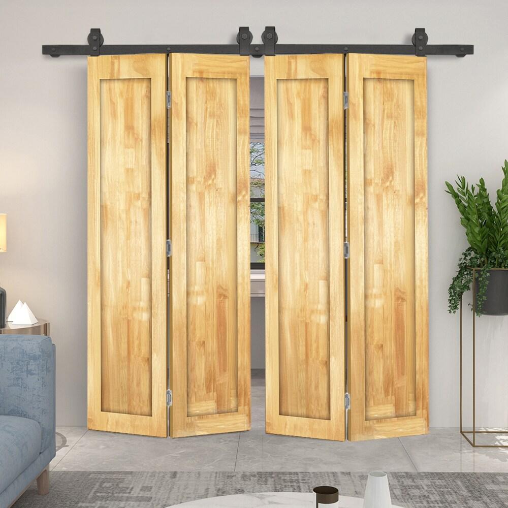 Calhome 1 Panel Shaker Pine Wood Double Bi-Fold Door with Sliding Barn Door Hardware Kit