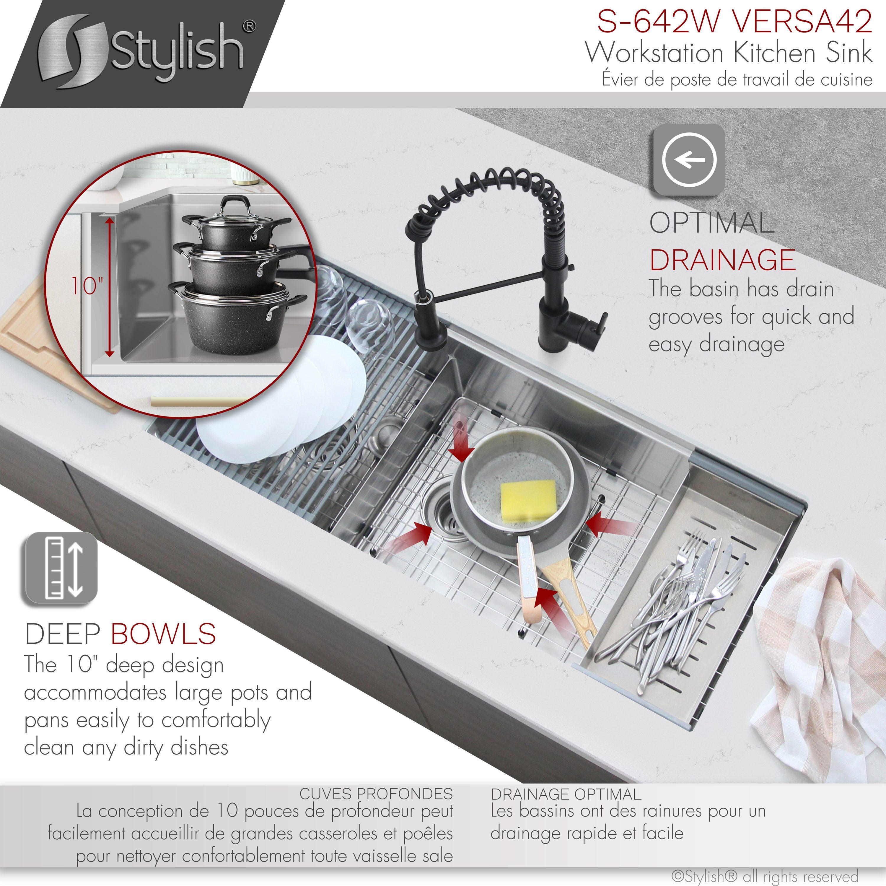 Versa STYLISH 42 inch Stainless Steel Workstation 70/30 Double Bowl Undermount Kitchen Sink with Accessories included