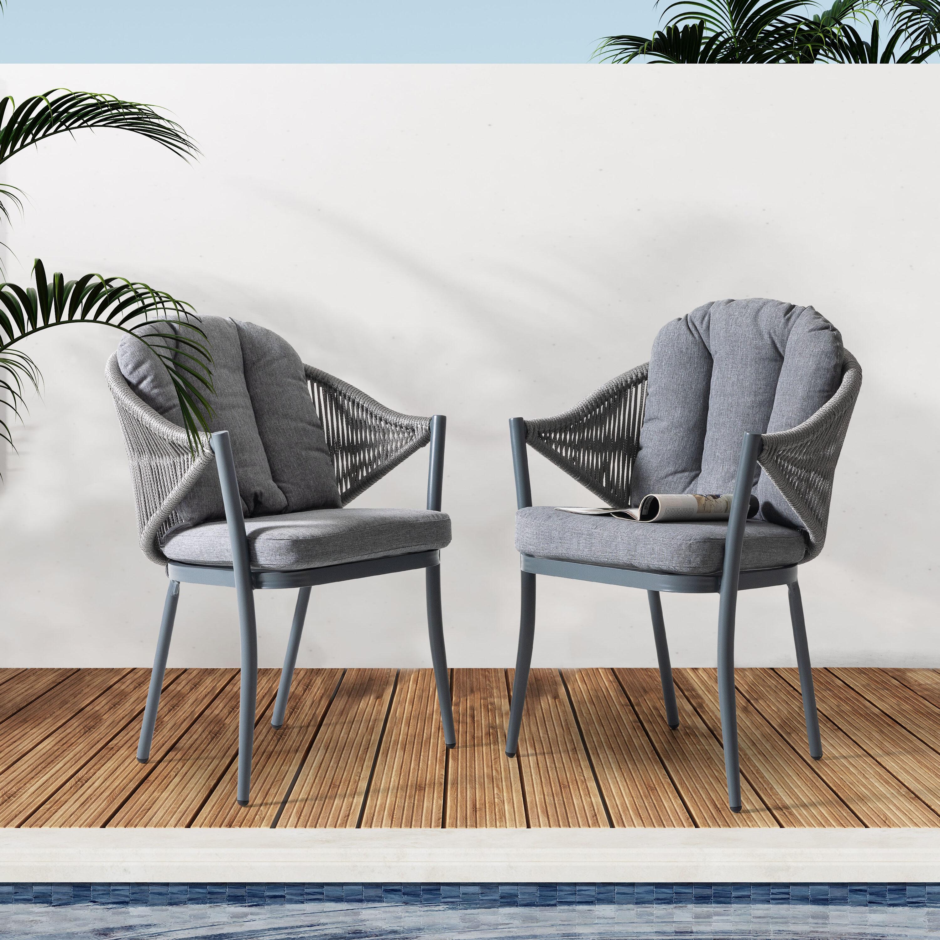 Nuu Garden Patio Dining Chairs Set of 2, Woven Rope Outdoor Dining Chairs, All-Weather Aluminum Arm Chairs with Cushions, No Assembly Light Grey