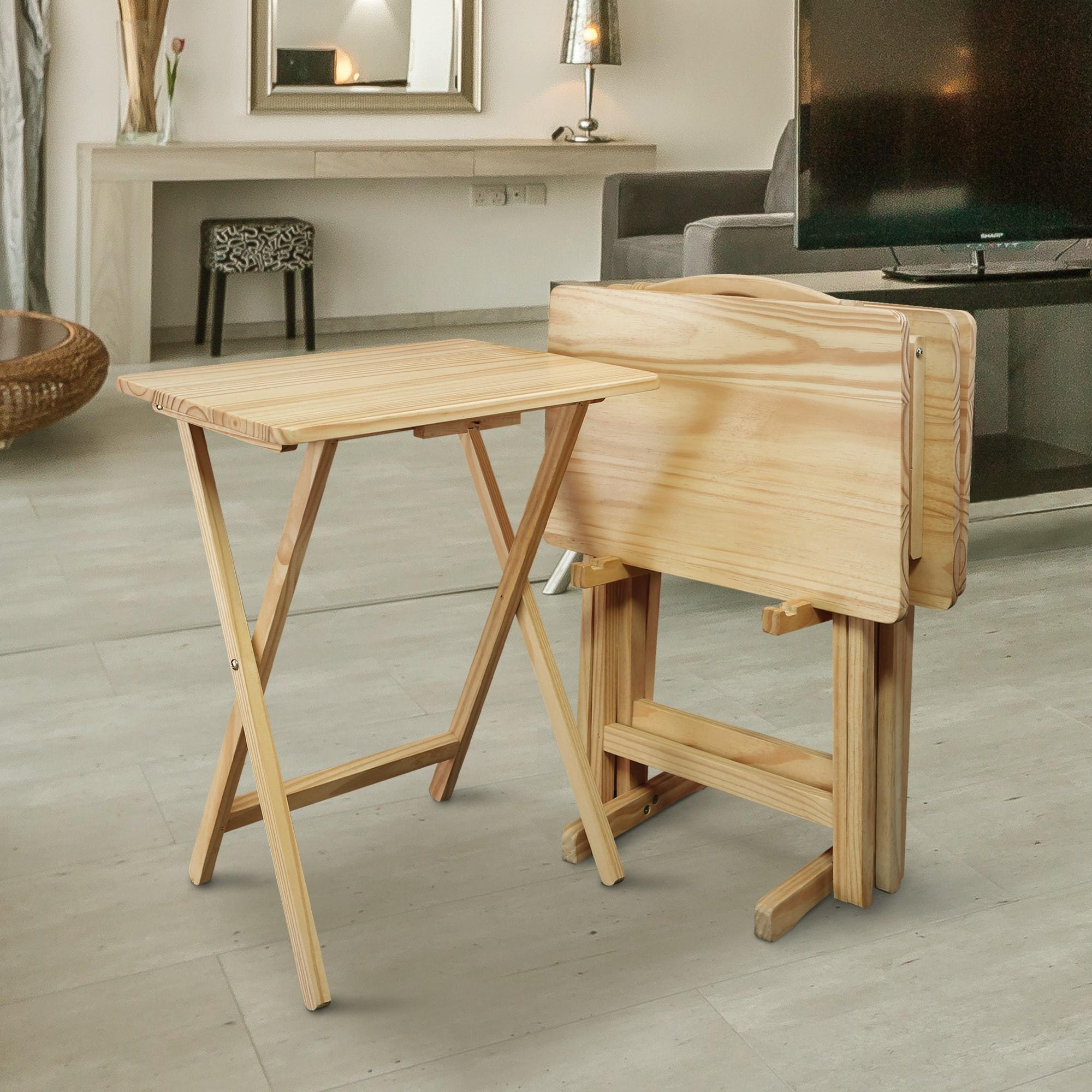 5 Piece TV Tray Table Set in Natural (4 Trays, 1 Stand)
