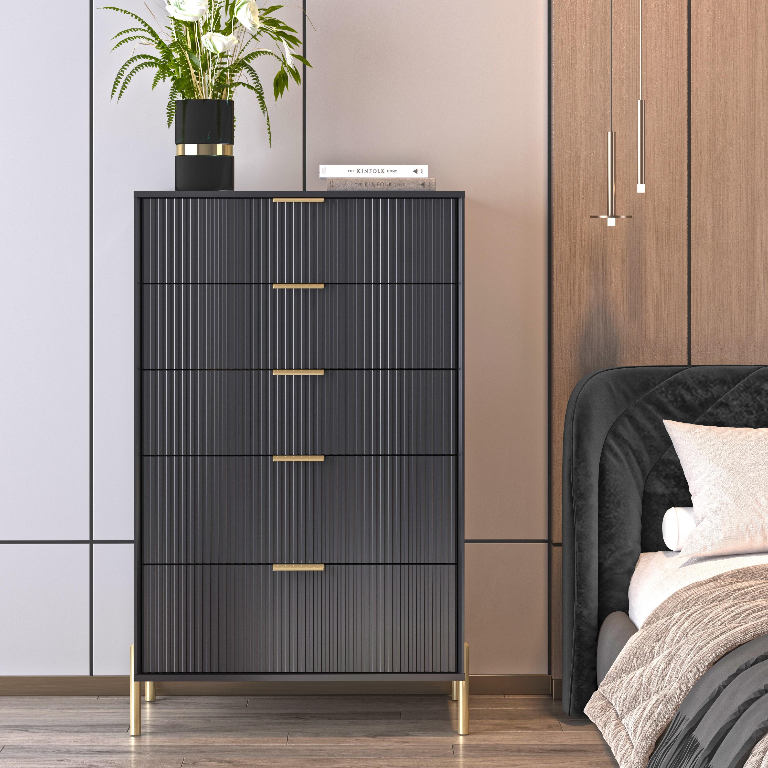 Festivo 5 Drawer Chest of Drawers Black: Modern Vertical Dresser, MDF Construction, Includes Anti-Tip Hardware
