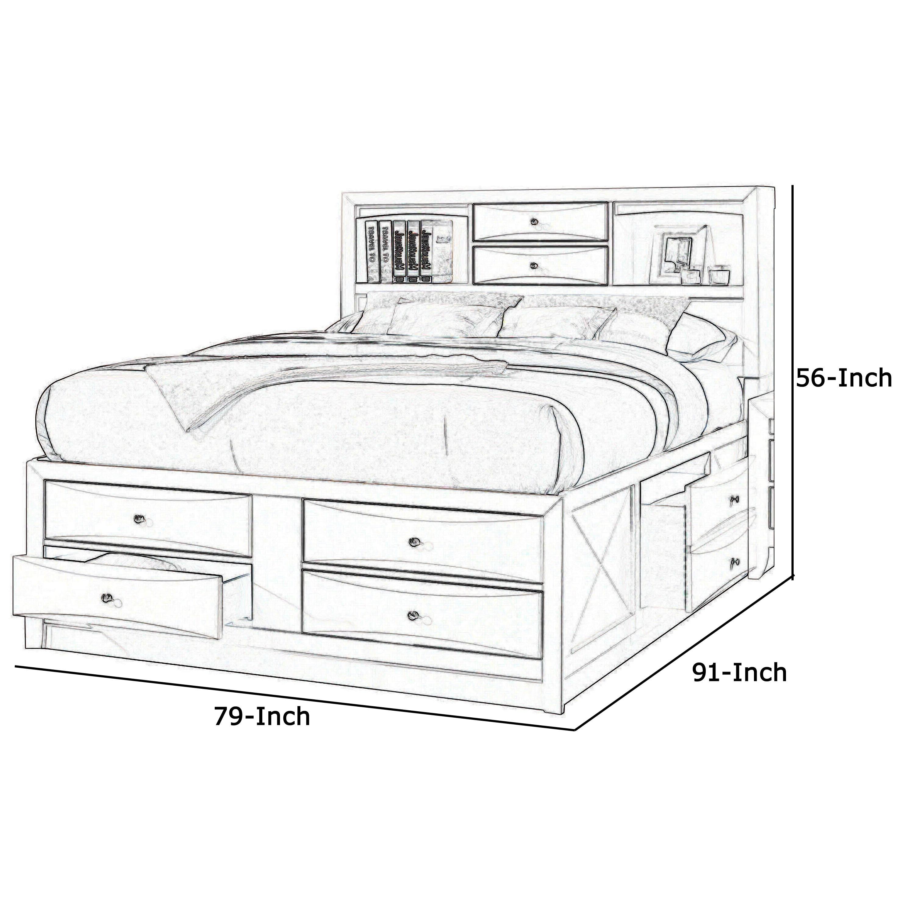 8 Drawer Eastern King Bed with Bookcase Headboard and Round Knobs  White