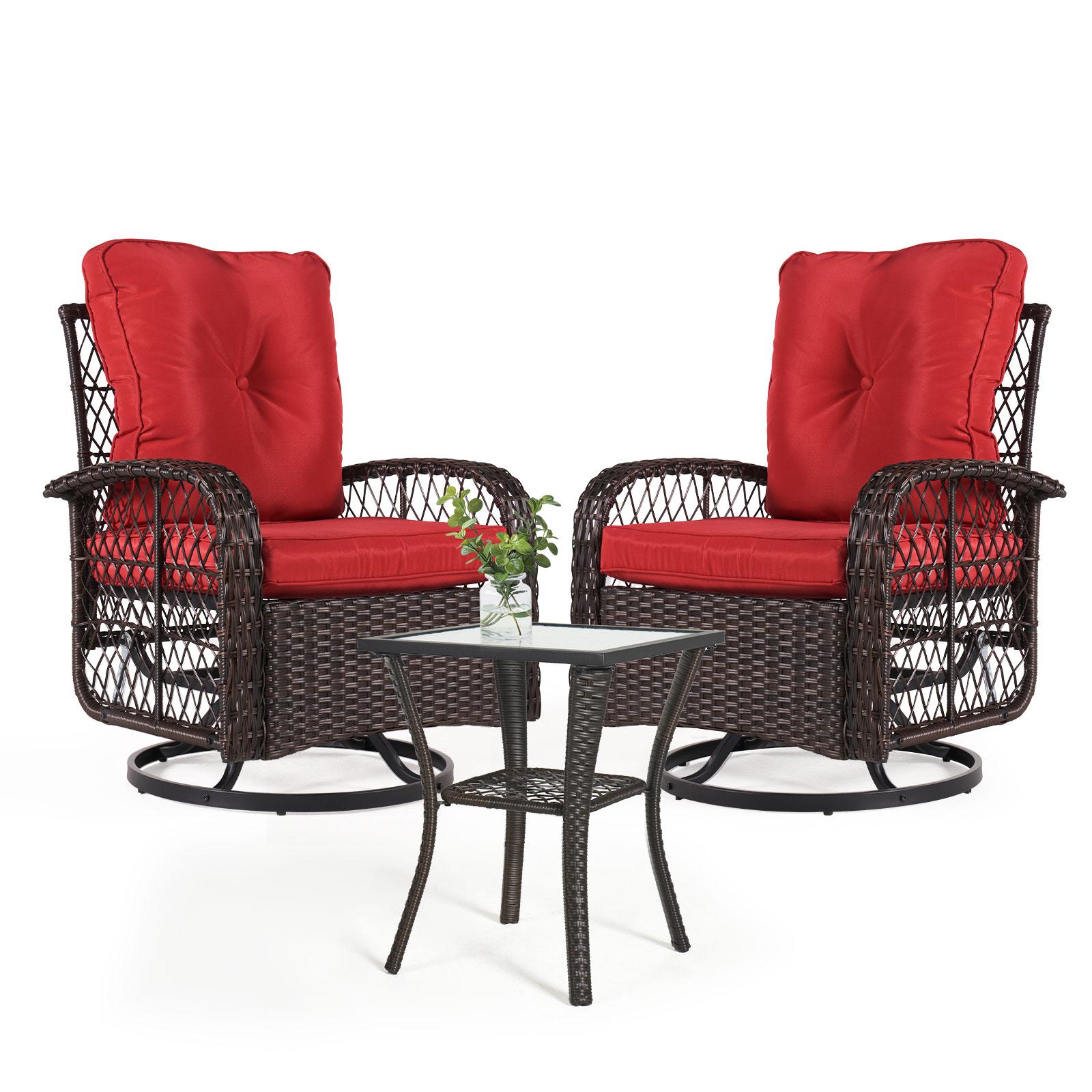 ECOPATIO 3 Pieces Patio Furniture Set, Outdoor Swivel Gliders Rocker, Wicker Patio Bistro Set with Rattan Rocking Chair, Glass Top Side Table and Thickened Cushions for Porch Deck Backyard(Red)