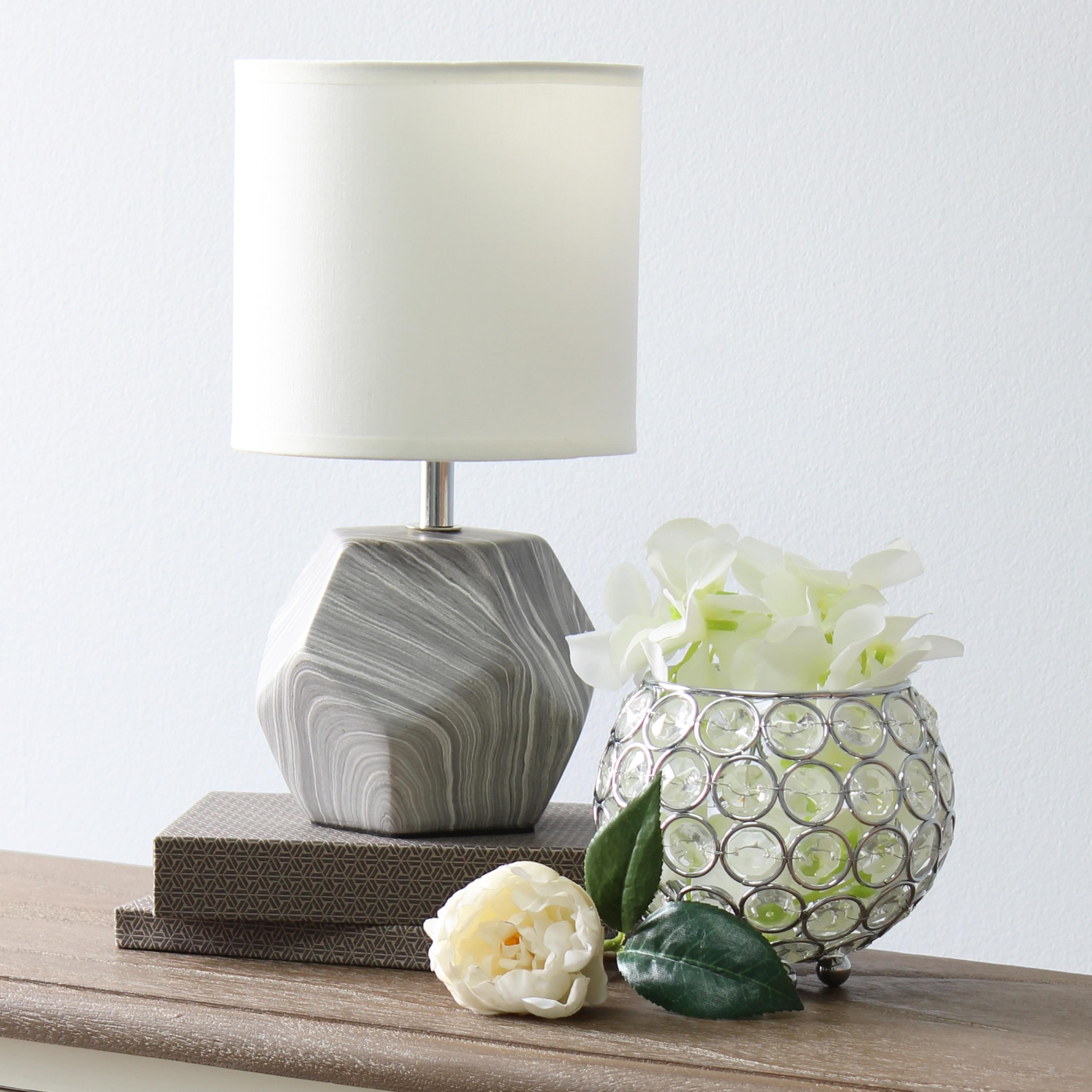 Simple Designs 10.24" Round Geometric Prism Mini Table Lamp with Matching Fabric Shade (Includes LED Light Bulb) Gray/White