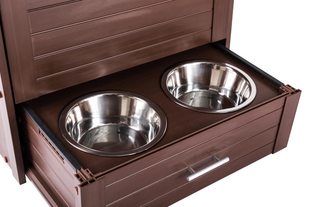 New Age Pet® ECOFLEX® Dog Food Pantry with Double Stainless Steel Bowls - Durable Composite, Includes 2x 32oz Bowls, Storage for 25 lbs of Dog Food, Easy Assembly, Moisture Resistant